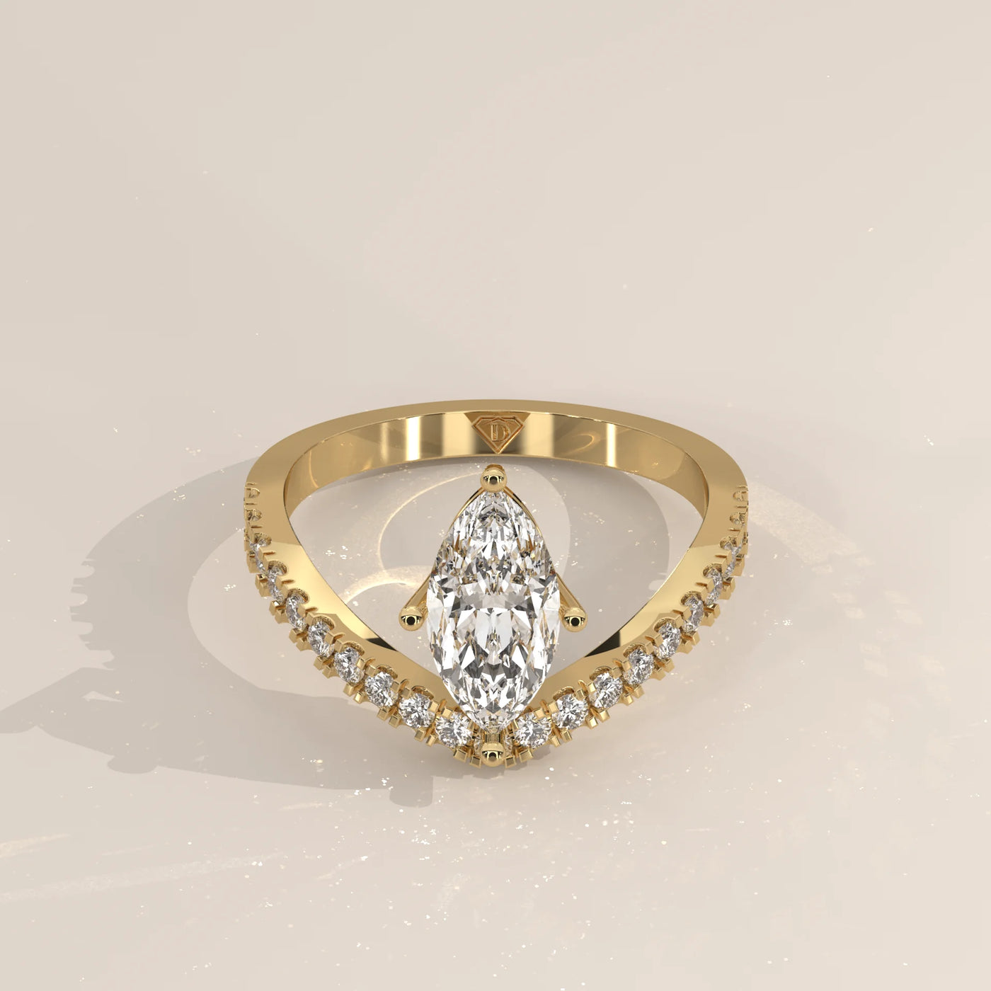 Three-Quarter View: Marquise Diamond Engagement Ring with Prong Setting in Yellow Gold – Lab Grown – Driona Jewels