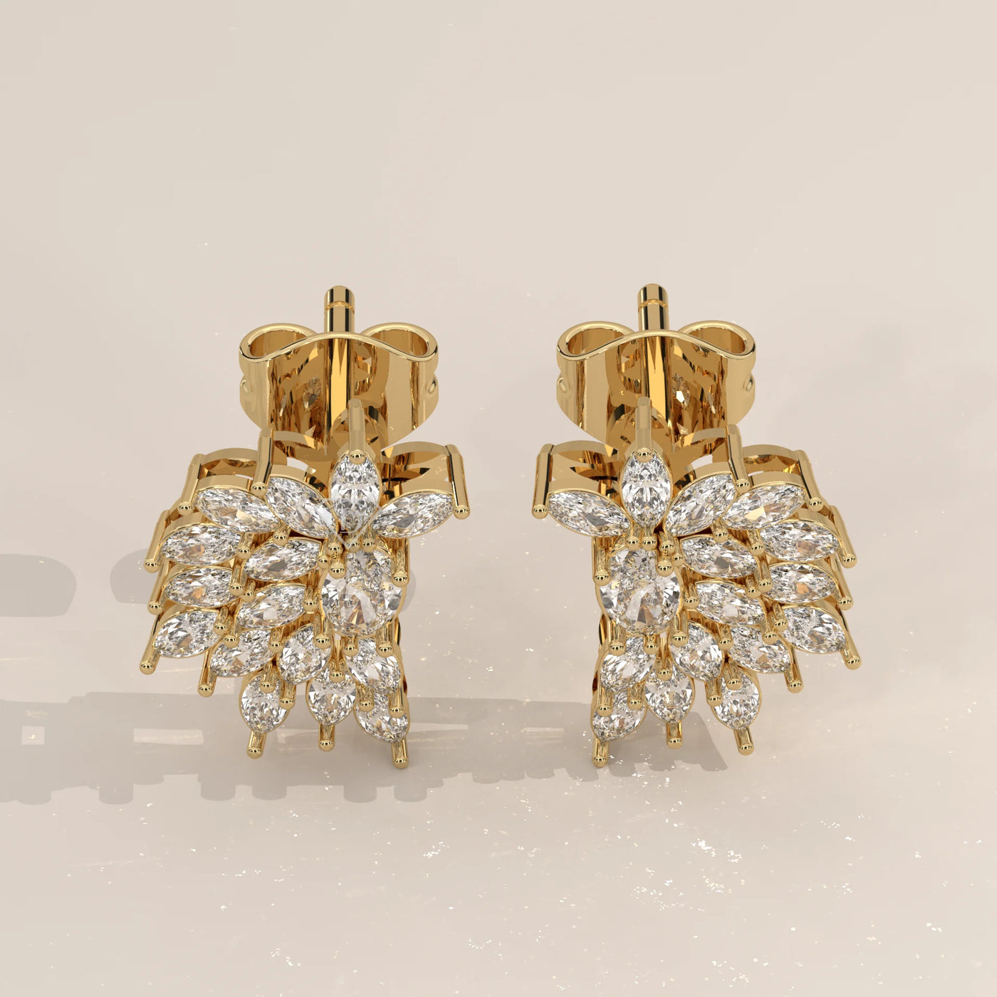 Pair Front View: Marquise Diamond Cluster Earrings with Cluster Setting in Yellow Gold – Lab Grown – Driona Jewels