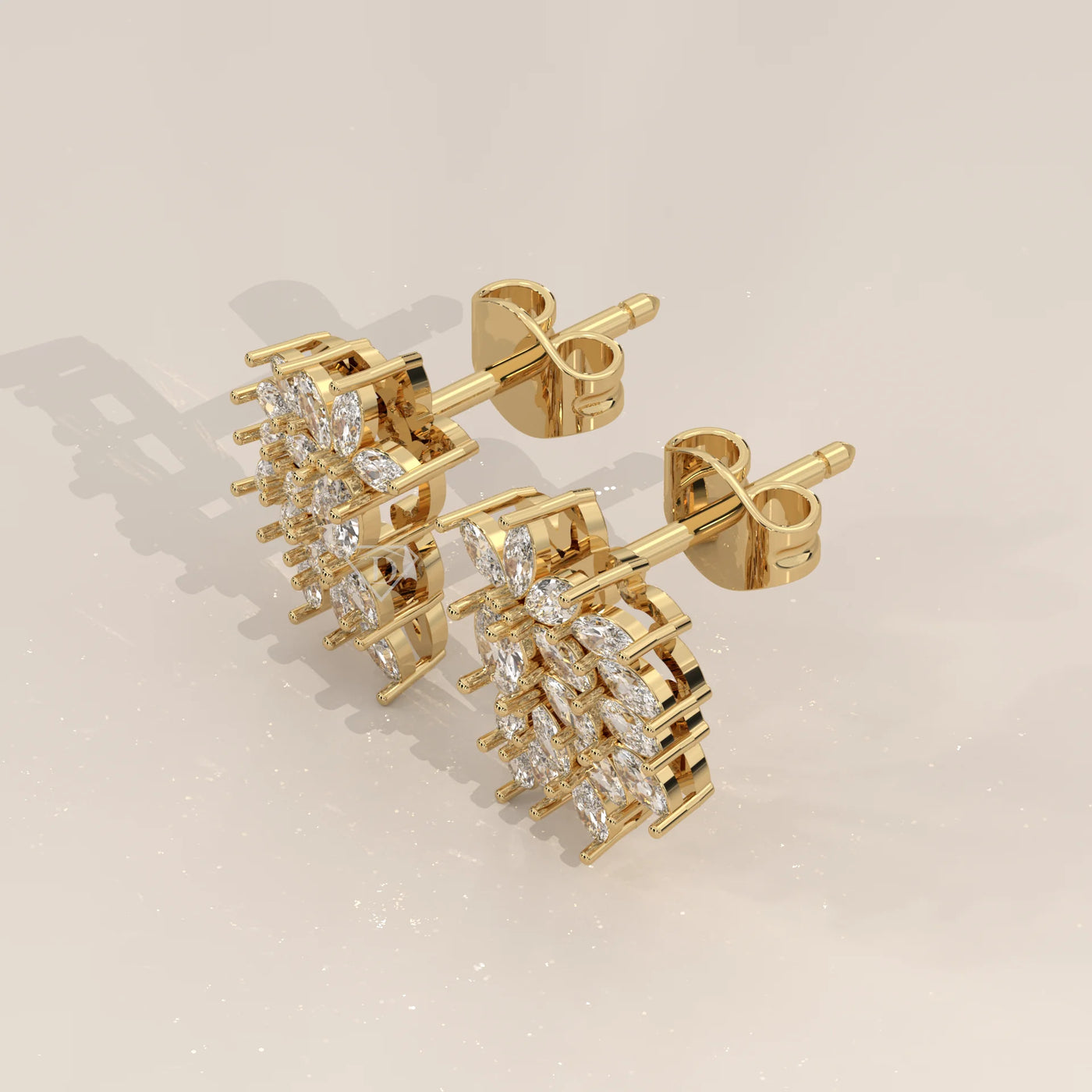 Three-Quarter View: Marquise Diamond Cluster Earrings with Cluster Setting in Yellow Gold – Lab Grown – Driona Jewels