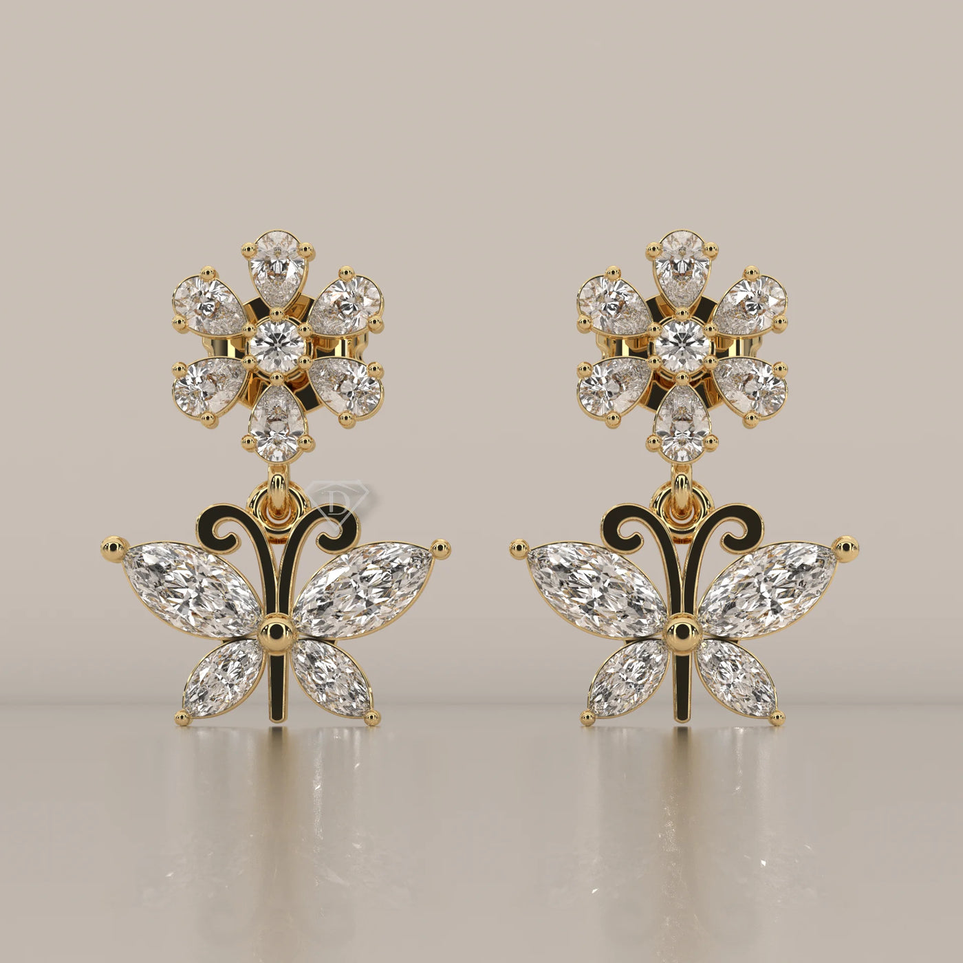 Front View: Marquise Diamond Drop Earrings with Prong Setting in Yellow Gold – Lab Grown – Driona Jewels