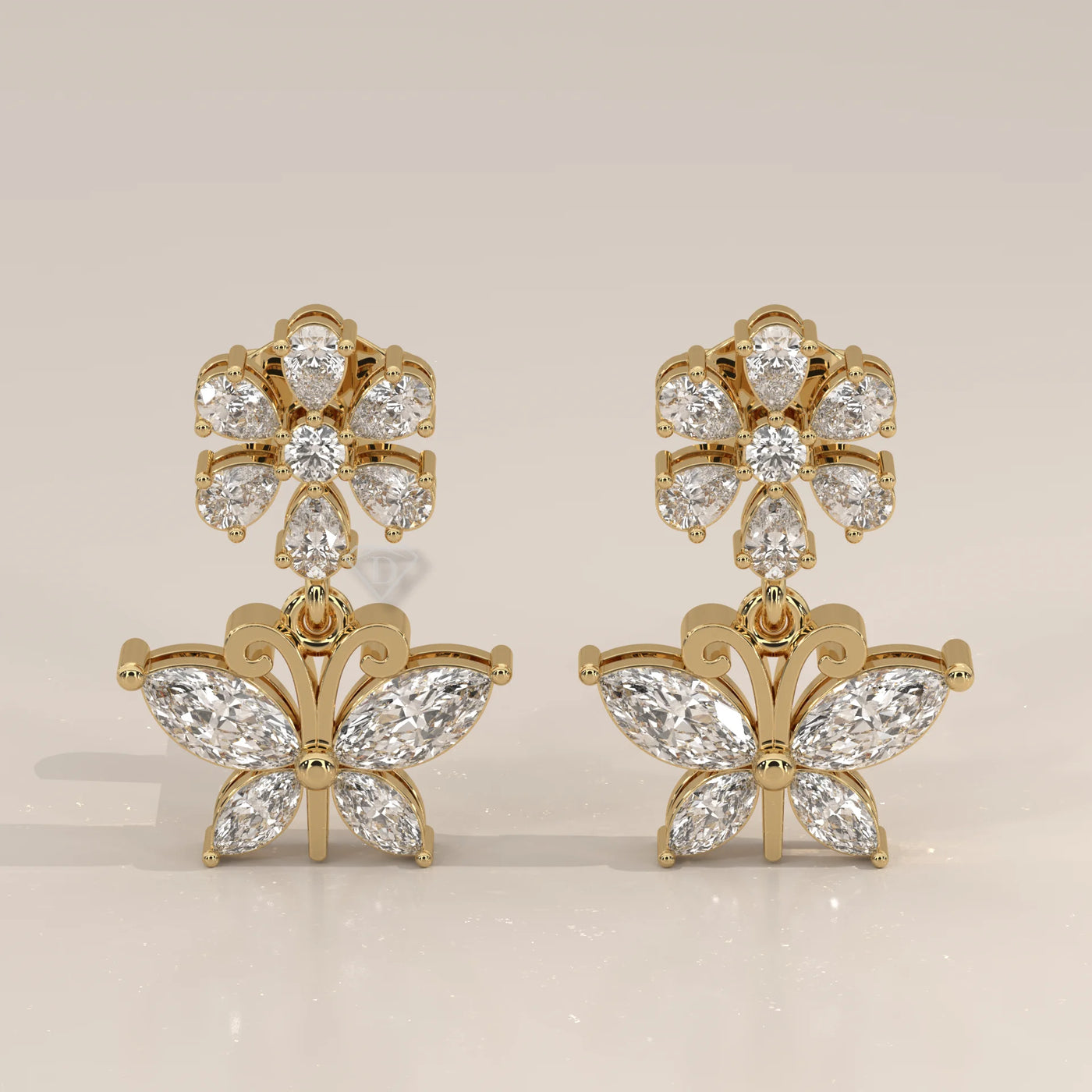 Pair Front View: Marquise Diamond Drop Earrings with Prong Setting in Yellow Gold – Lab Grown – Driona Jewels