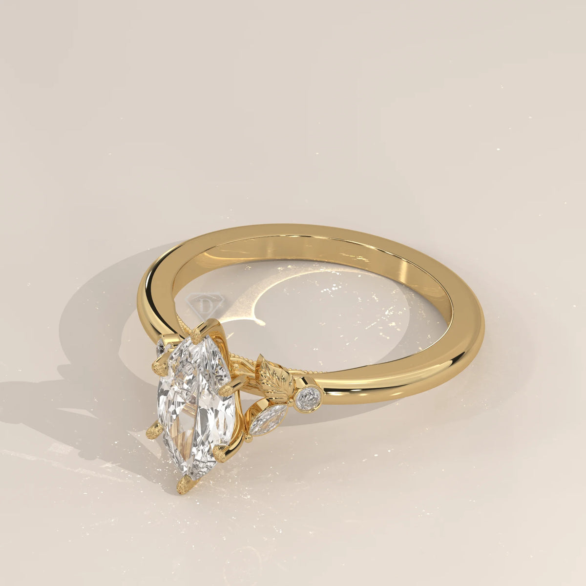Yellow gold ring with a large marquise cut diamond and small accent diamonds.