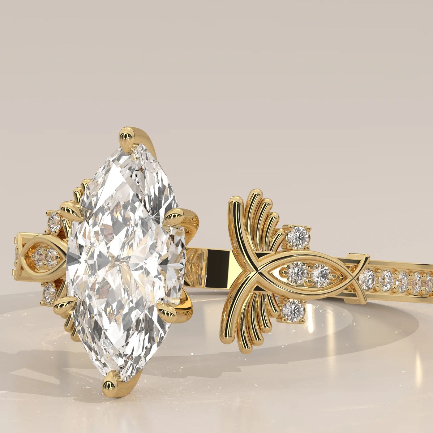 A 14k gold ring featuring a large marquise-cut diamond and smaller accent diamonds.