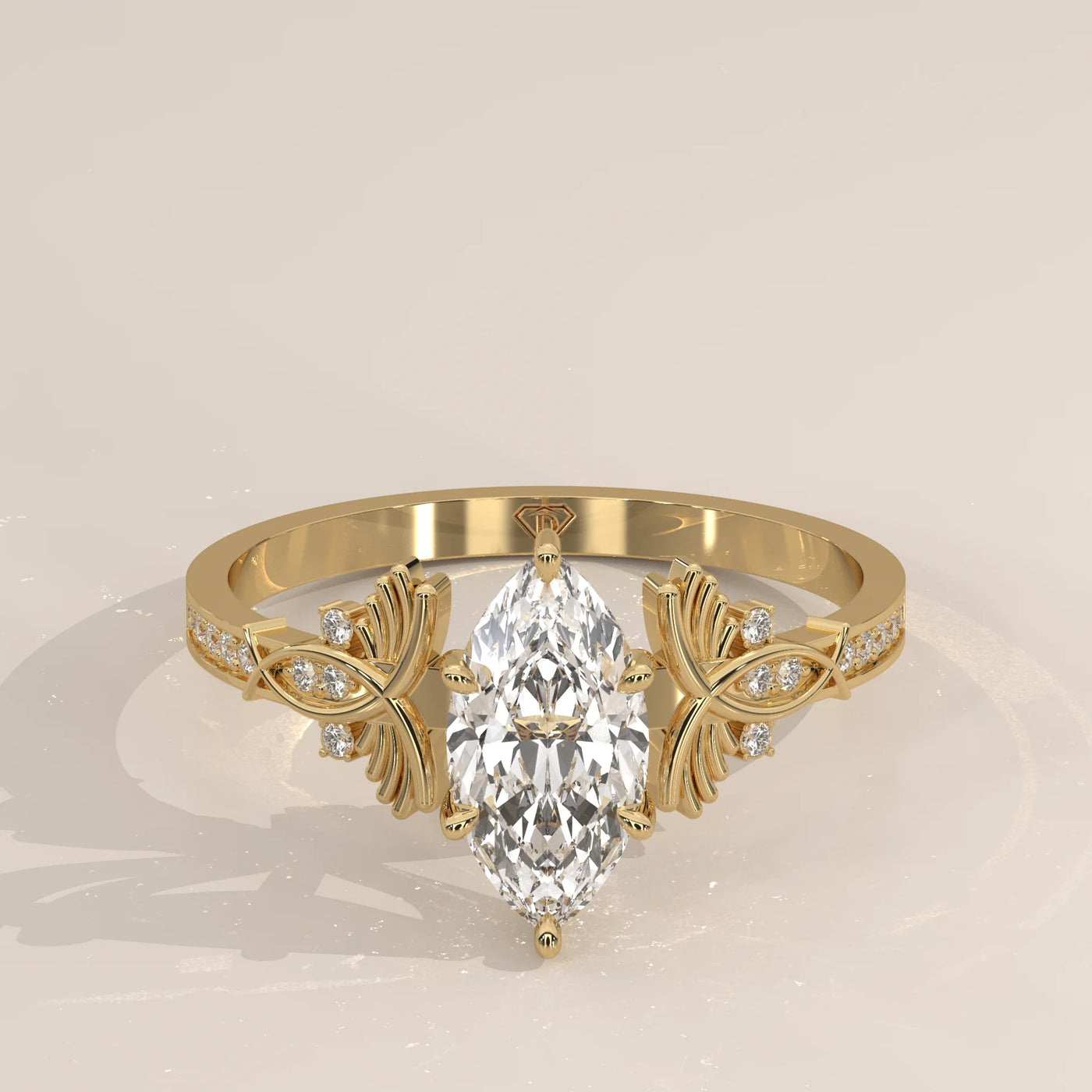 A 14k gold ring featuring a large marquise-cut diamond and smaller accent diamonds.
