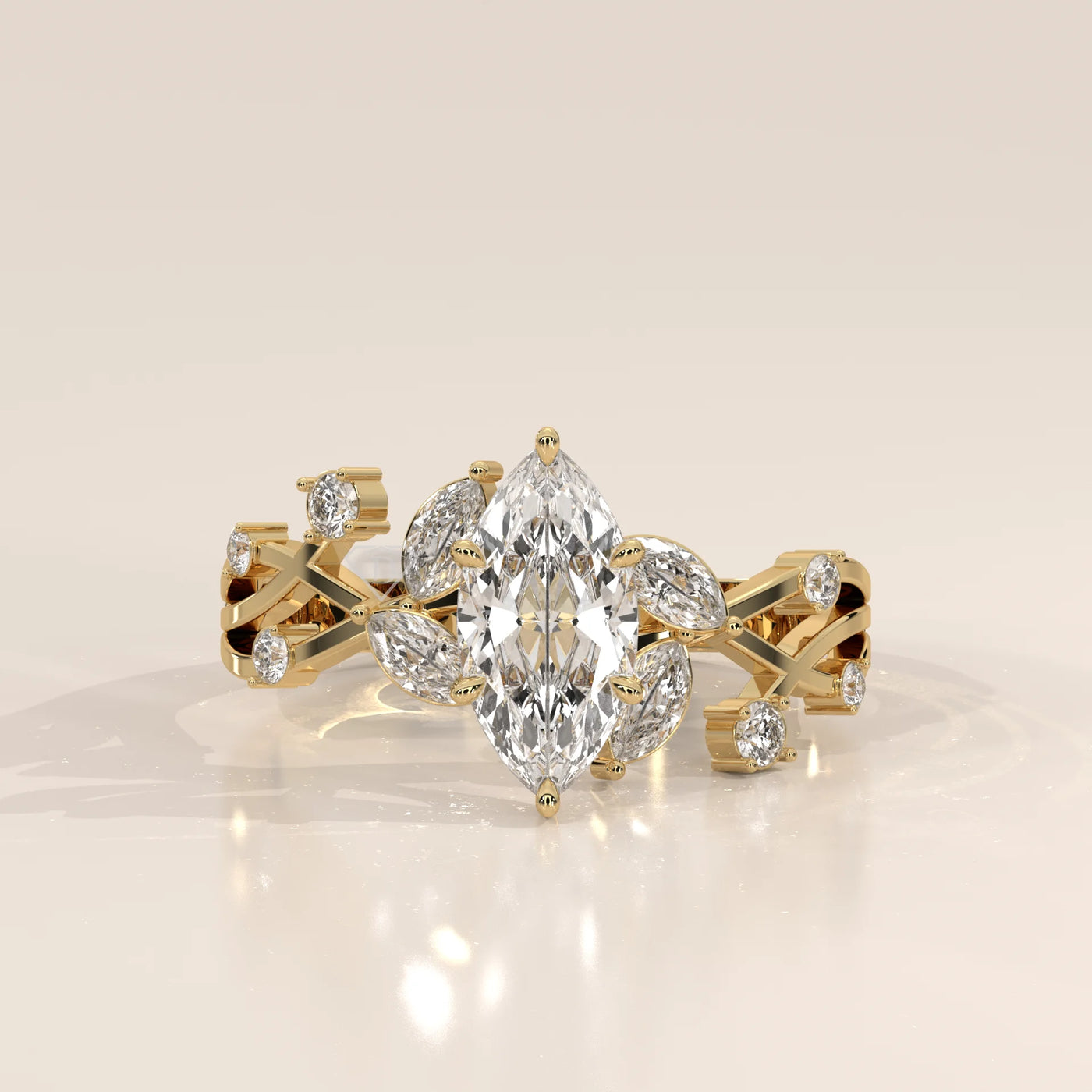 Elegant yellow gold ring featuring a marquise-cut diamond and accent stones.