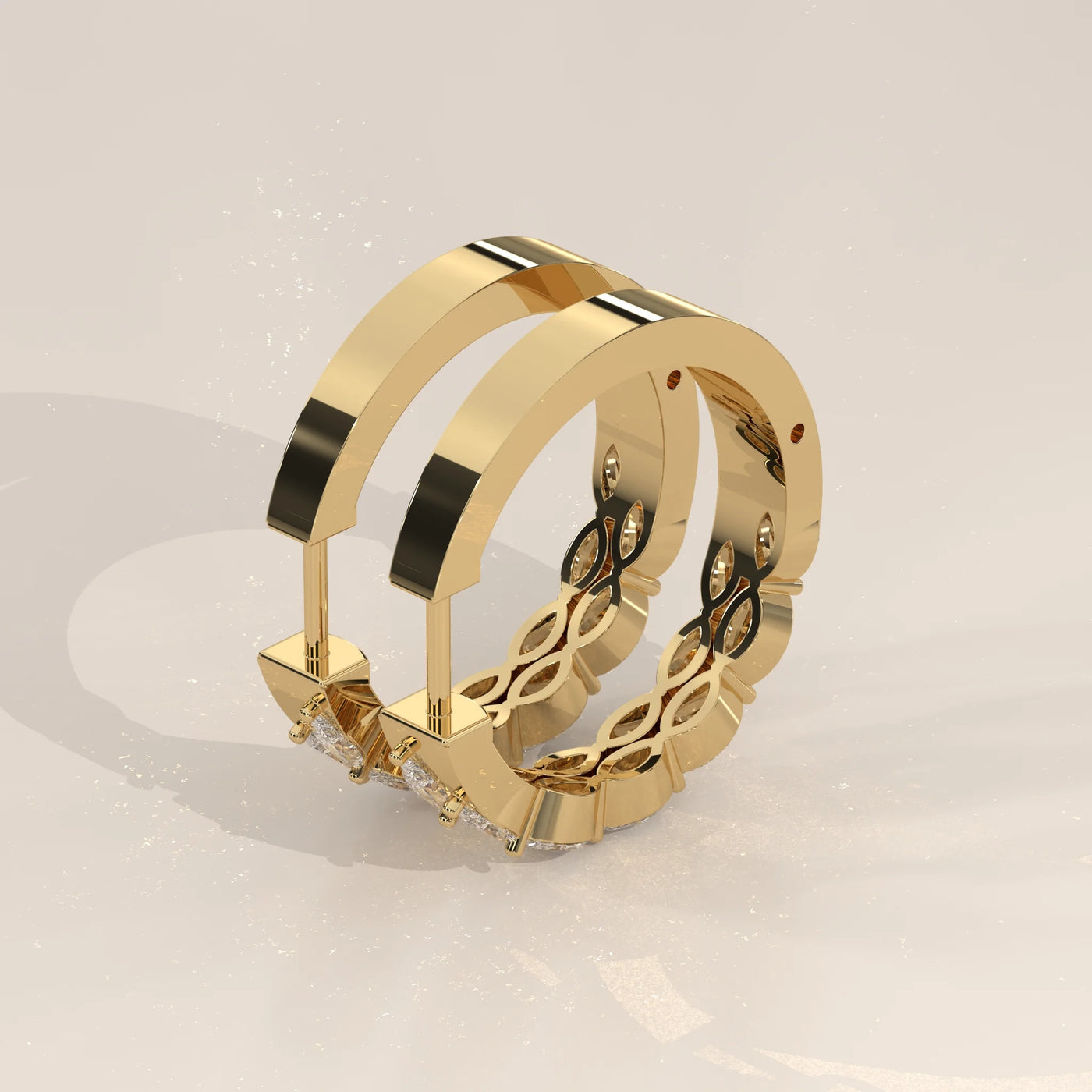 Angle View: Marquise Diamond Hoop Earrings with Prong Setting in Yellow Gold – Lab Grown – Driona Jewels