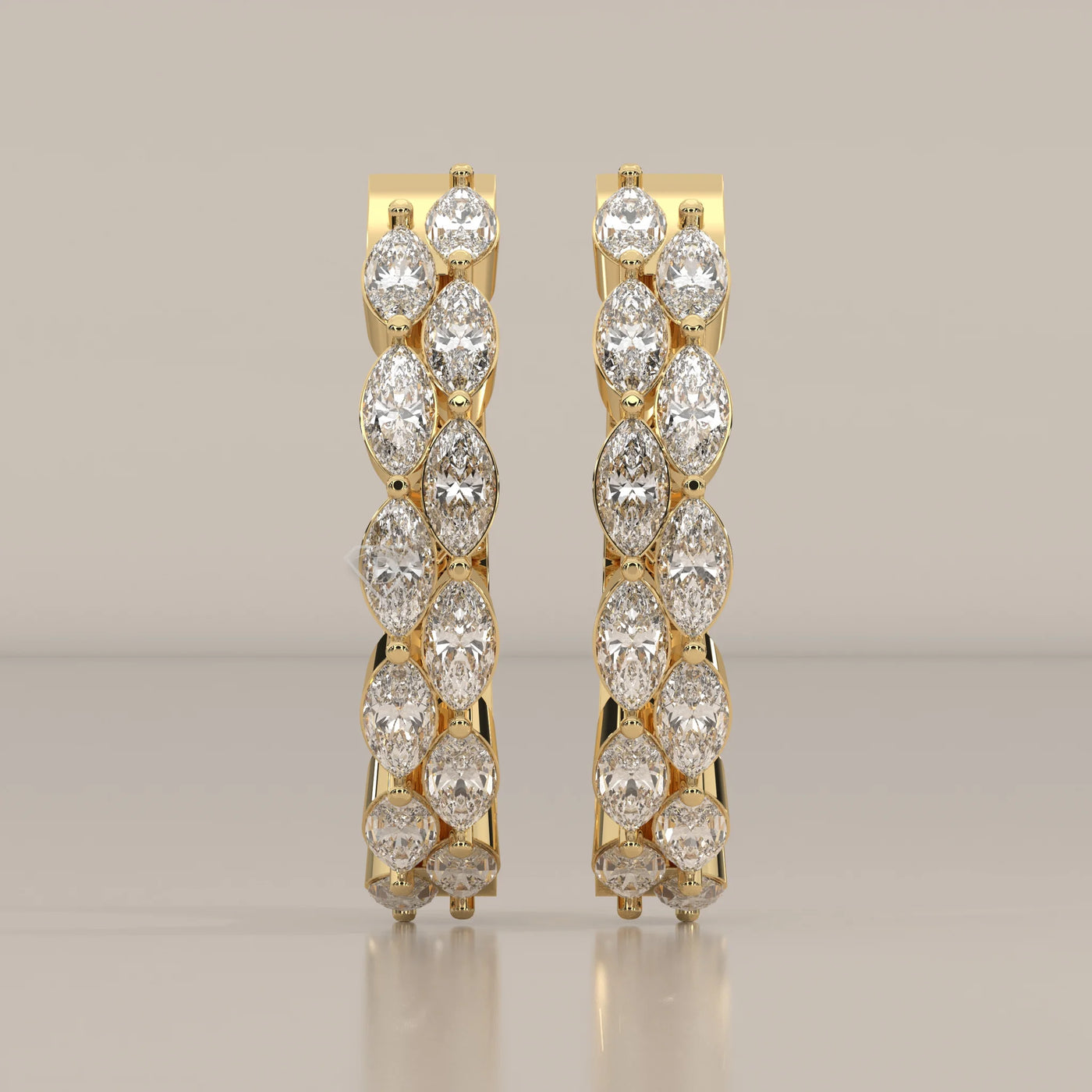Front View: Marquise Diamond Hoop Earrings with Prong Setting in Yellow Gold – Lab Grown – Driona Jewels