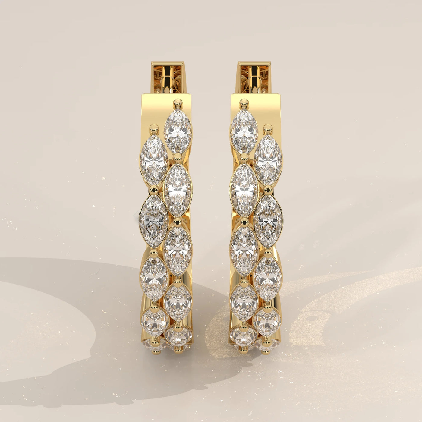 Pair Front View: Marquise Diamond Hoop Earrings with Prong Setting in Yellow Gold – Lab Grown – Driona Jewels