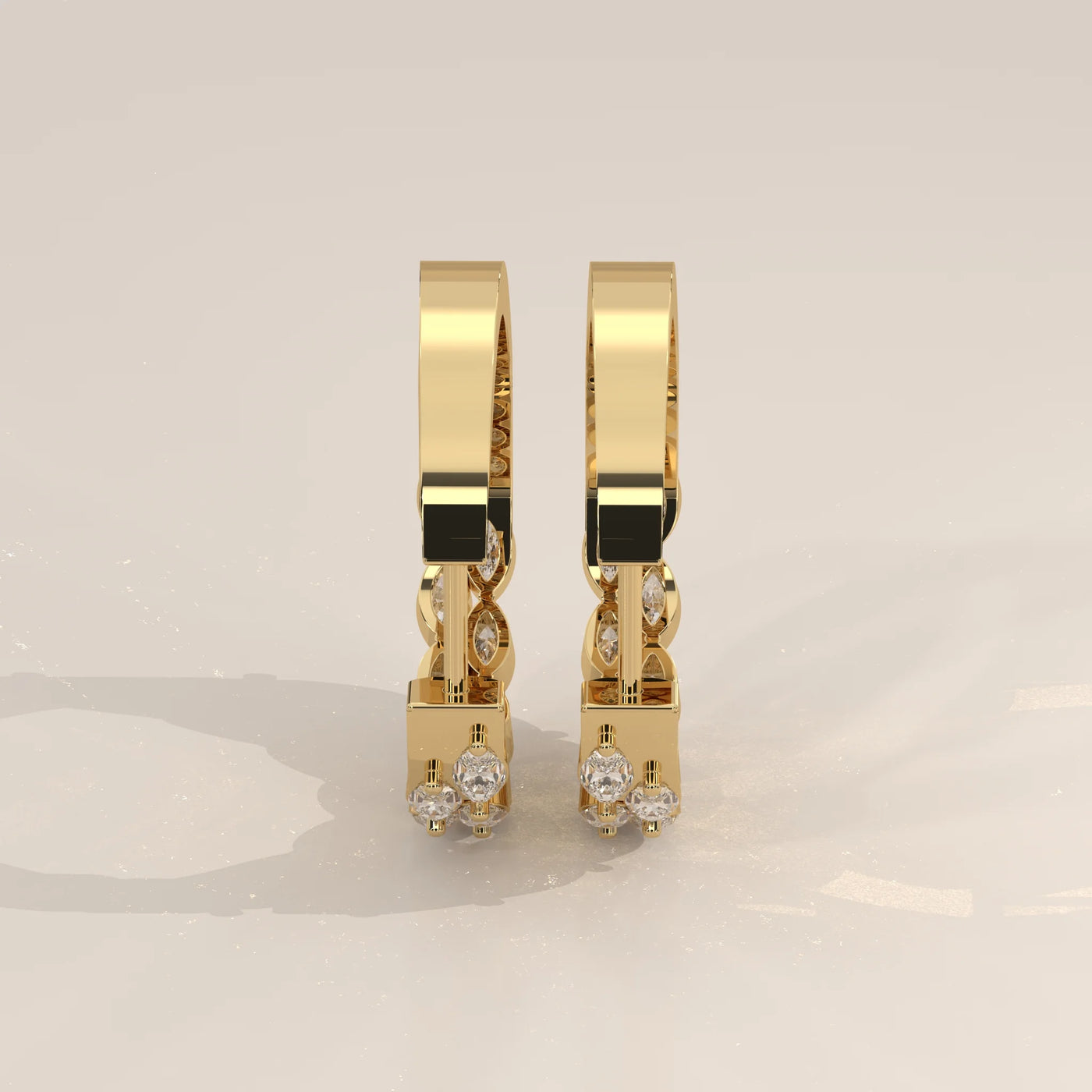Side Profile: Marquise Diamond Hoop Earrings with Prong Setting in Yellow Gold – Lab Grown – Driona Jewels