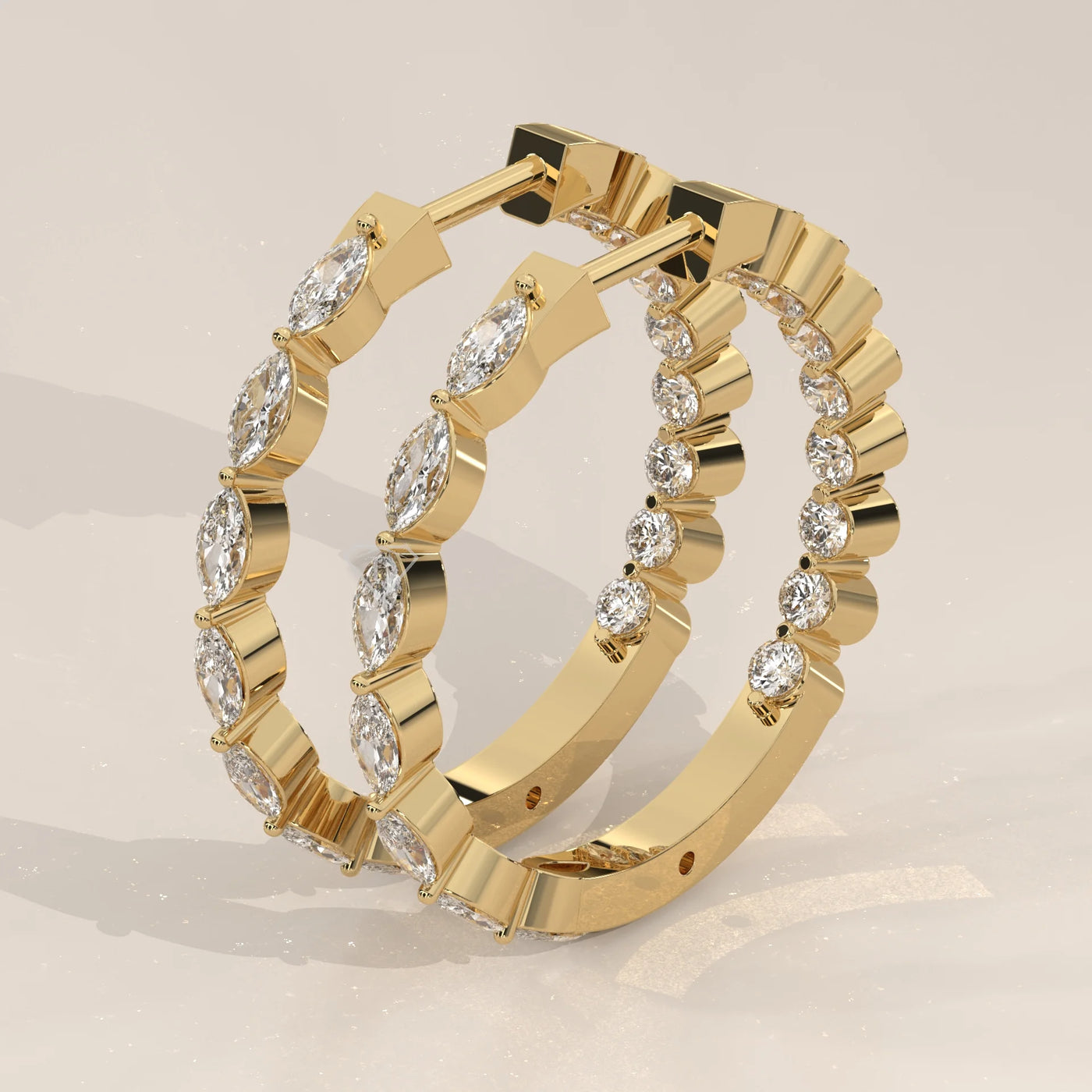 Three-Quarter View: Marquise Diamond Hoop Earrings with Prong Setting in Yellow Gold – Lab Grown – Driona Jewels