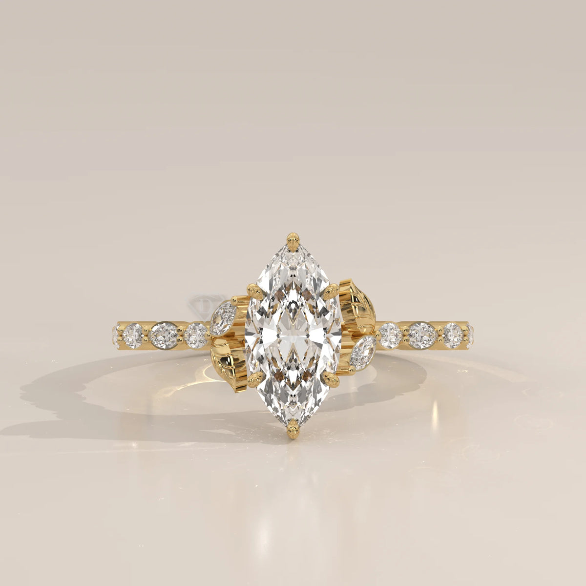 Yellow gold ring with a large marquise-cut diamond and smaller accent stones.