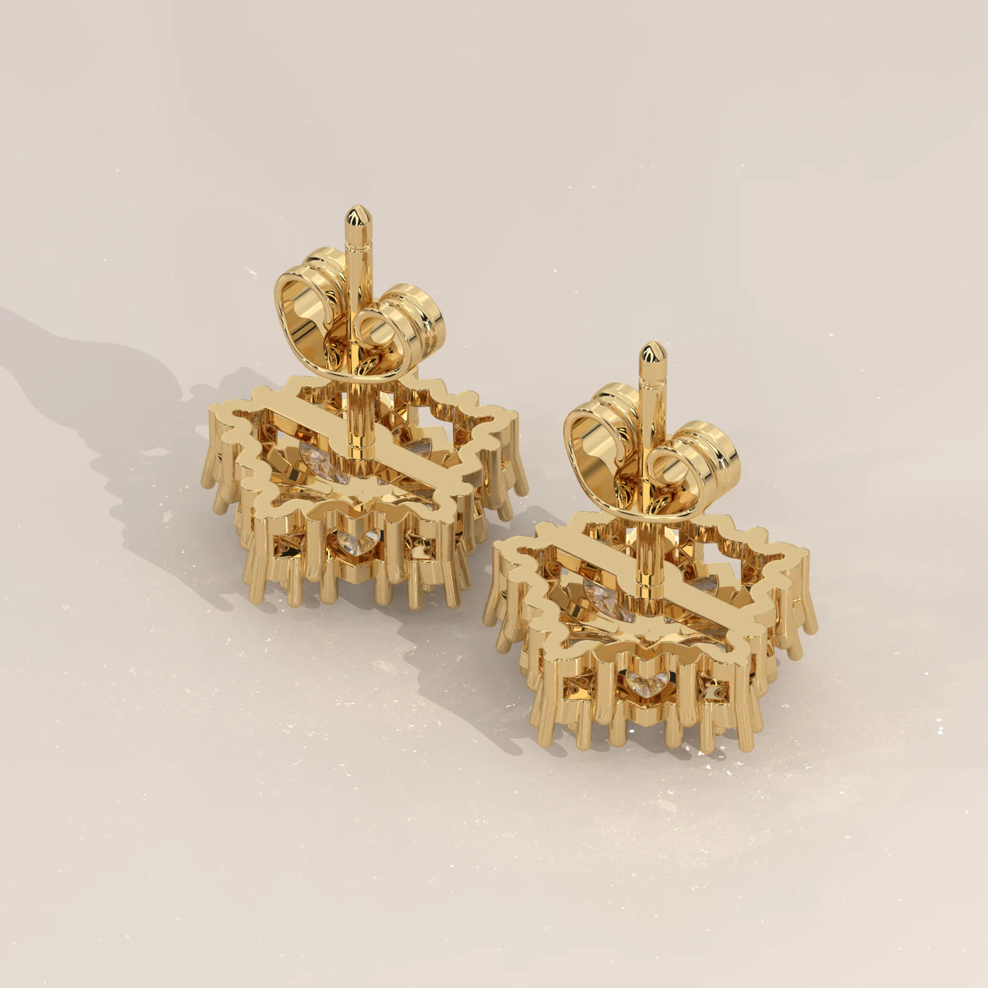 Angle View: Marquise Diamond Stud Earrings with Cluster Setting in Yellow Gold – Lab Grown – Driona Jewels