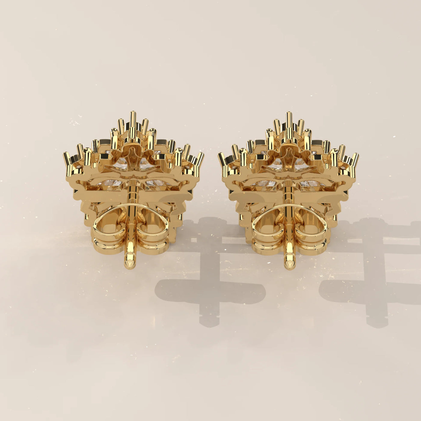 Back View: Marquise Diamond Stud Earrings with Cluster Setting in Yellow Gold – Lab Grown – Driona Jewels