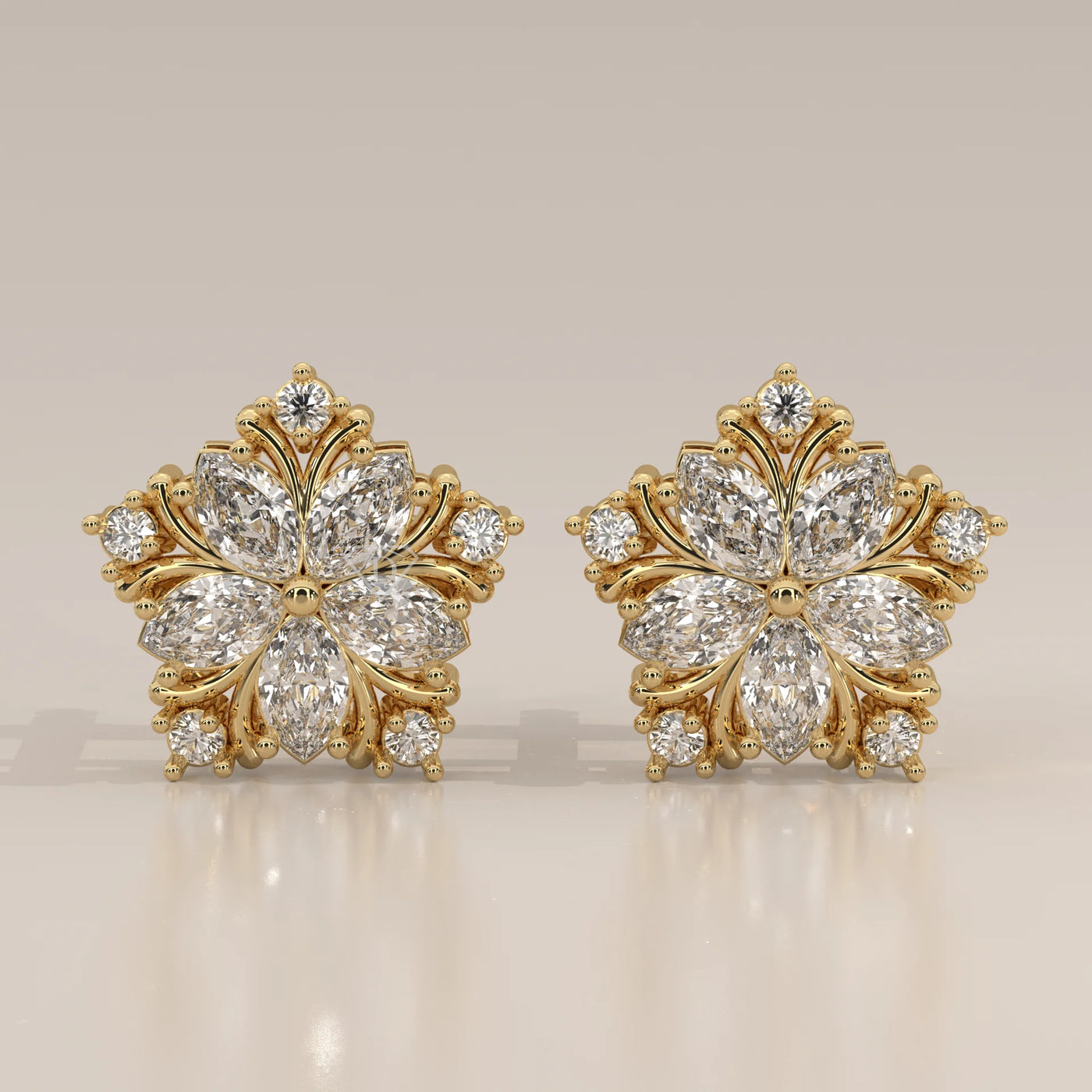 Front View: Marquise Diamond Stud Earrings with Cluster Setting in Yellow Gold – Lab Grown – Driona Jewels
