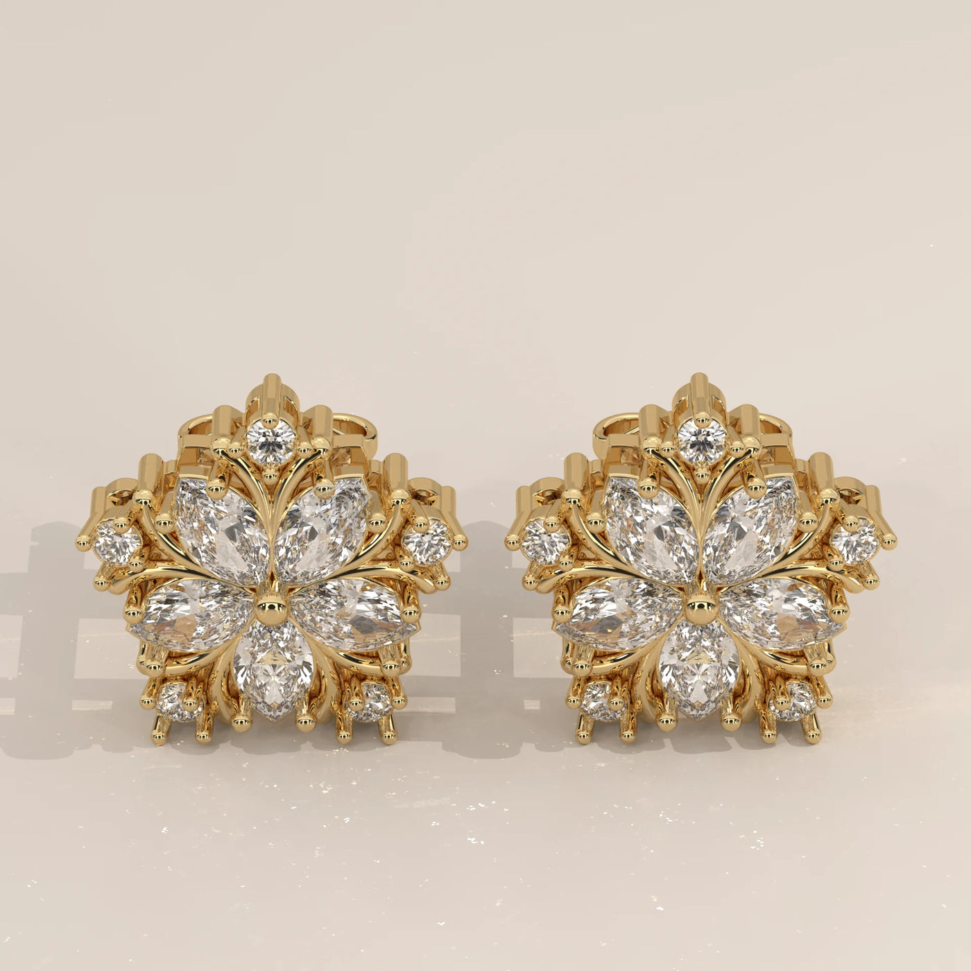 Pair Front View: Marquise Diamond Stud Earrings with Cluster Setting in Yellow Gold – Lab Grown – Driona Jewels