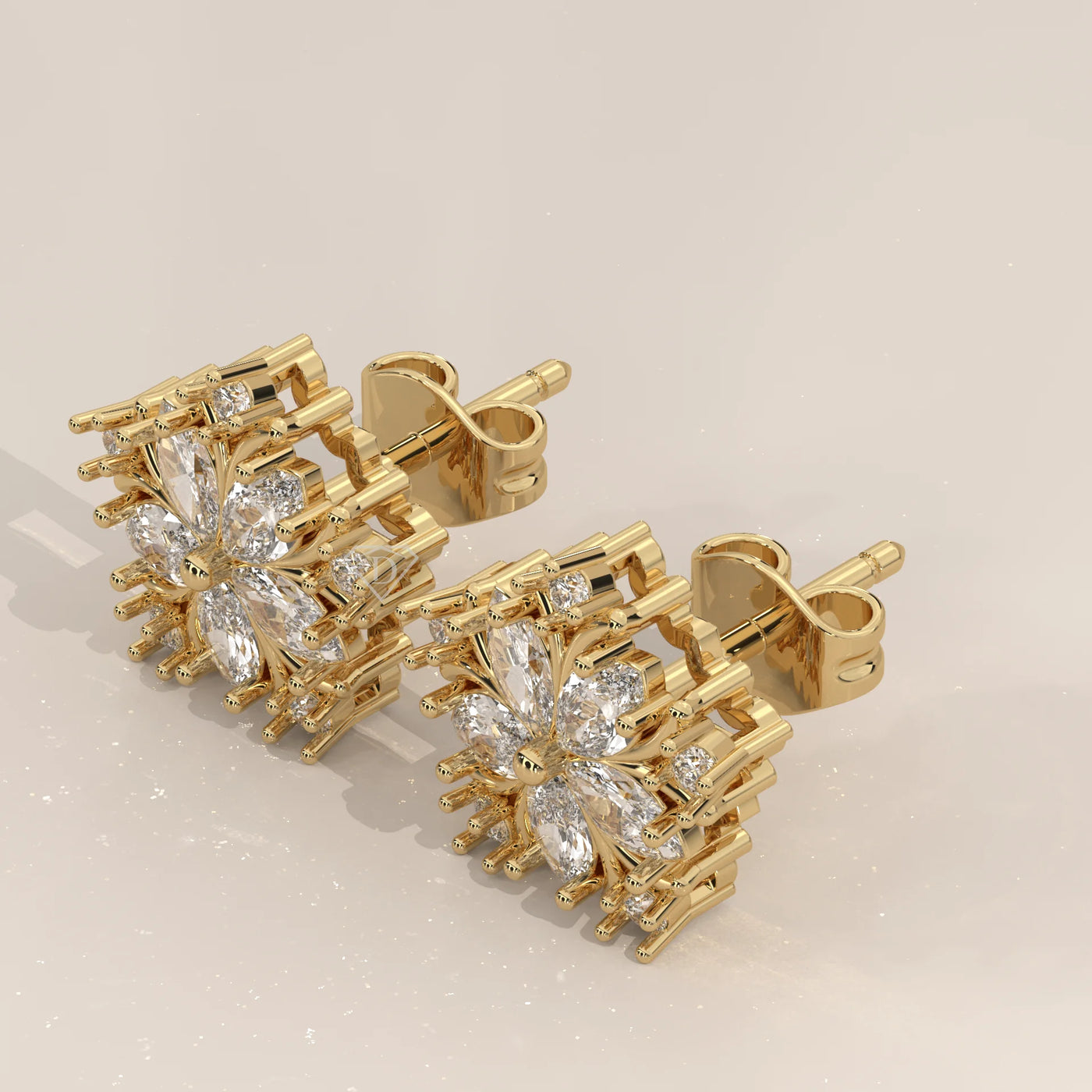 Three-Quarter View: Marquise Diamond Stud Earrings with Cluster Setting in Yellow Gold – Lab Grown – Driona Jewels