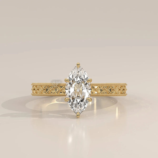 Front View: Marquise Diamond Ring with Solitaire Setting in Yellow Gold – Lab Grown – Driona Jewels