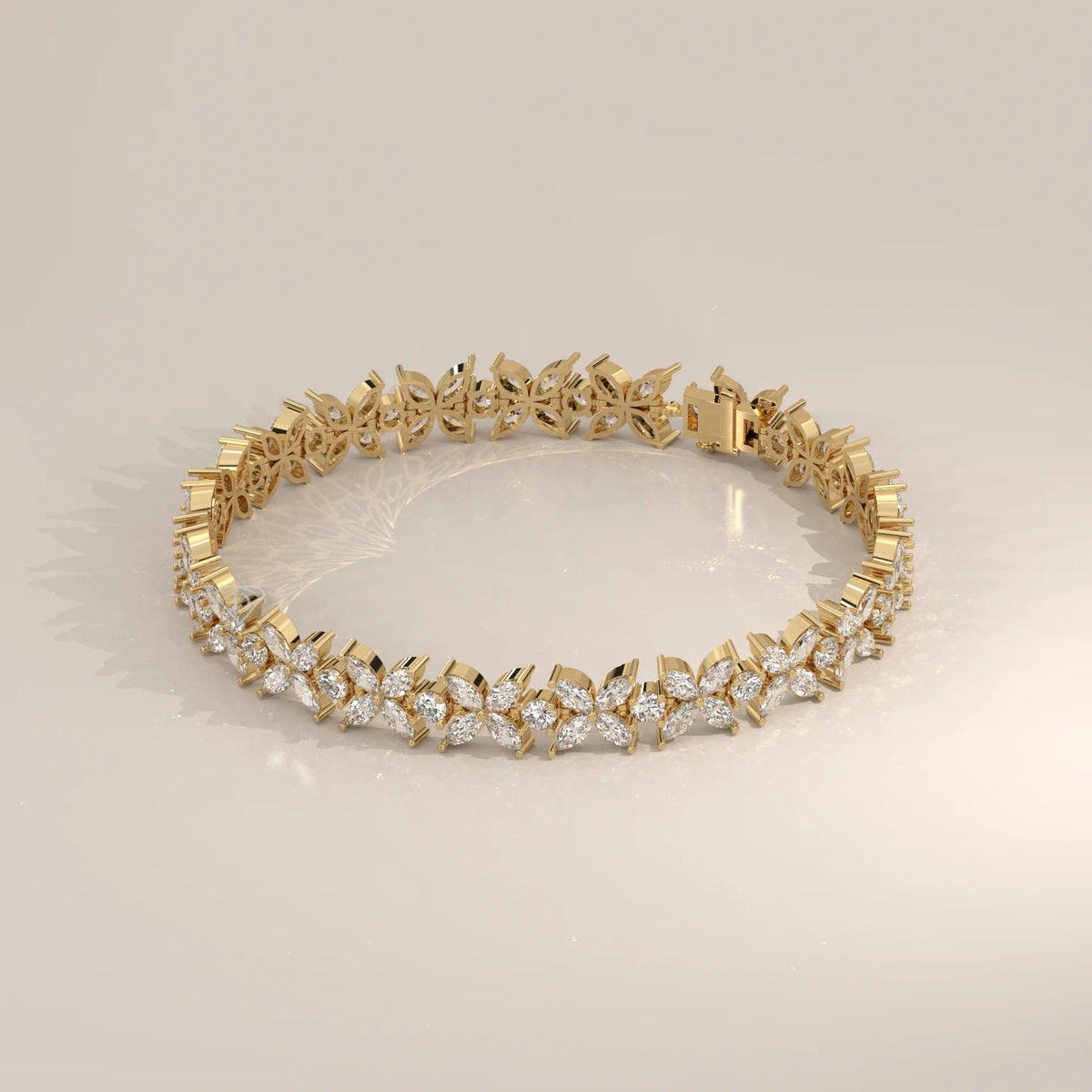 Marquise Flower Lab Grown Diamond Tennis Bracelet with Rounds in yellow gold, front view on a plain background.