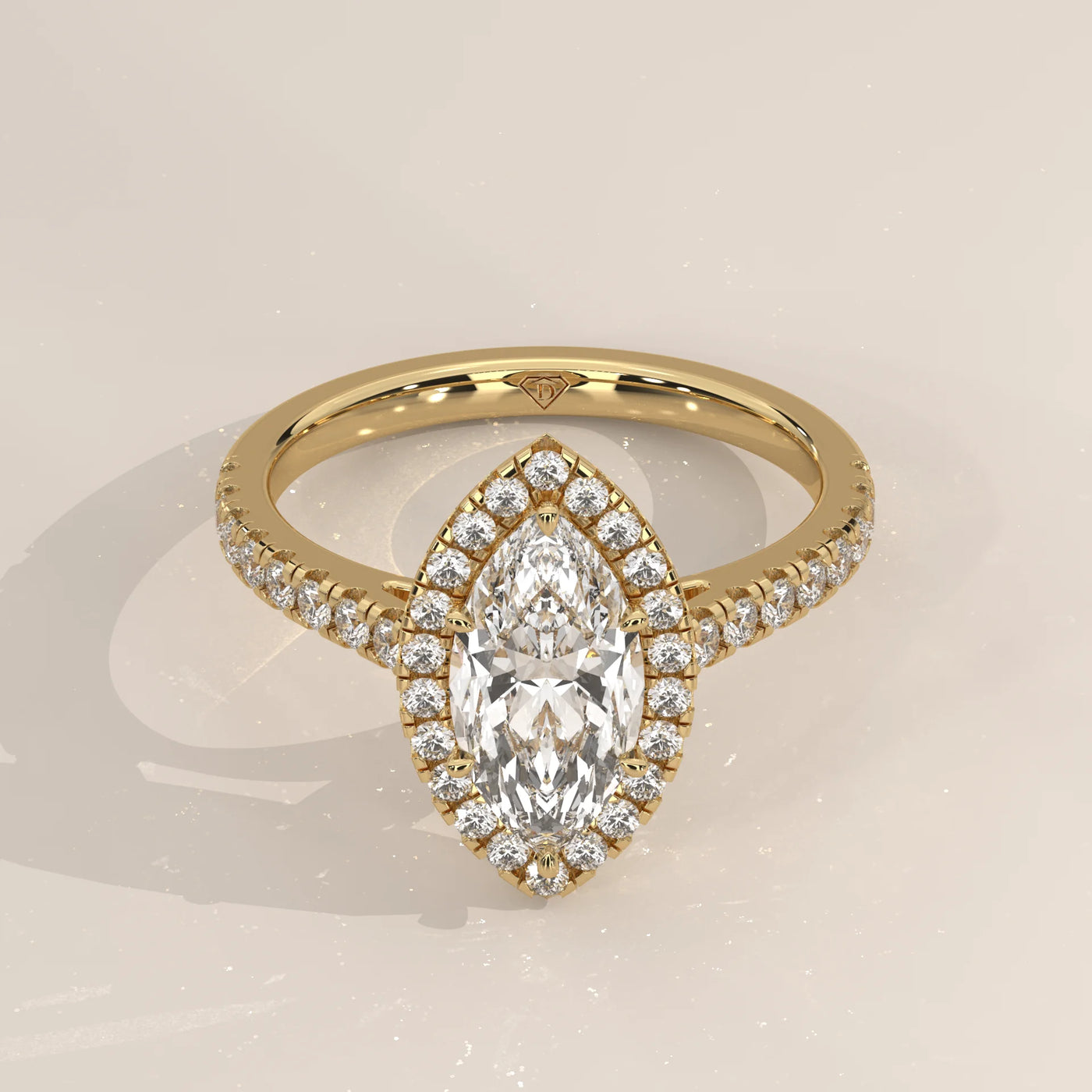 Three-Quarter View: Marquise Diamond Ring with Halo Setting in Yellow Gold – Lab Grown – Driona Jewels