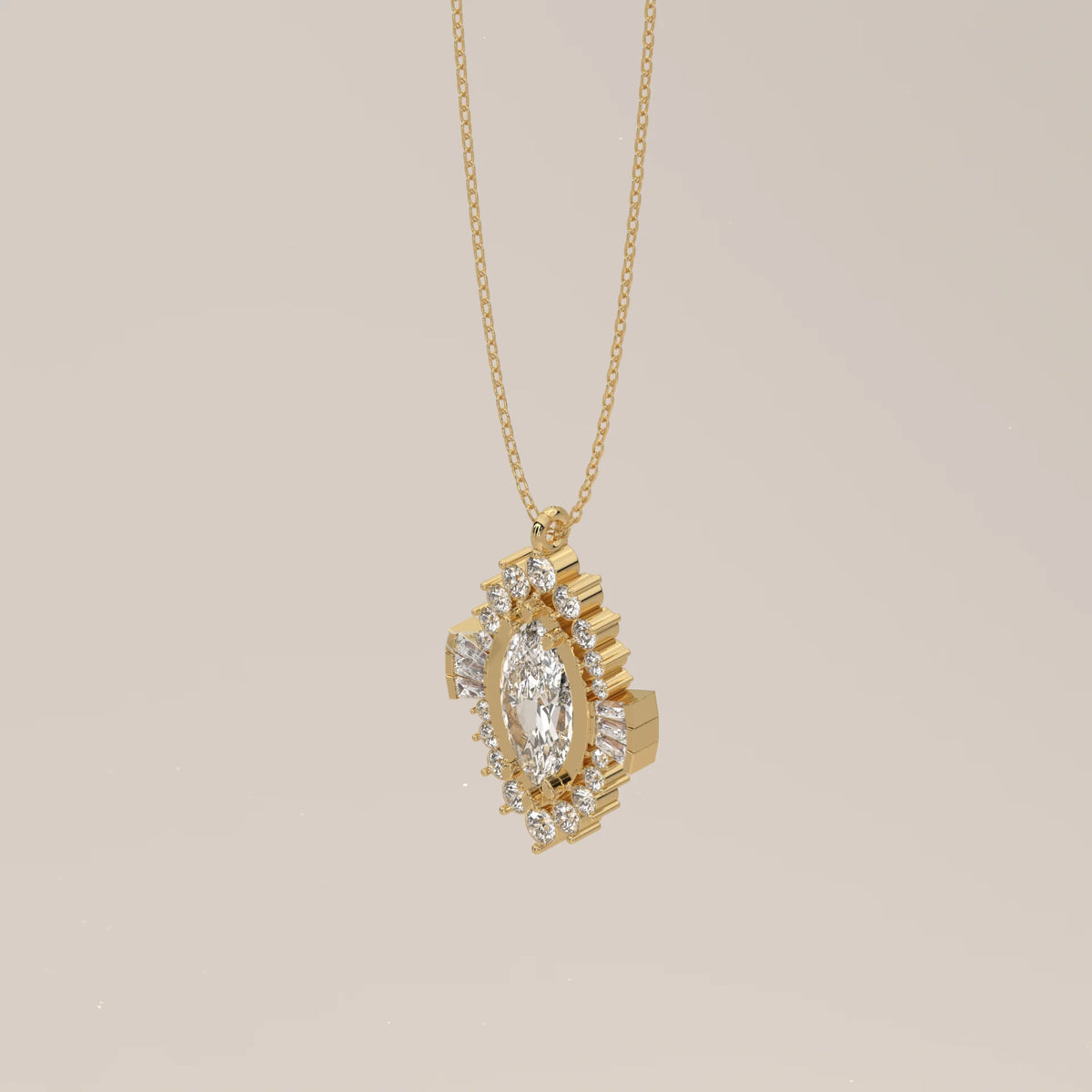Marquise Lab Grown Diamond Art Deco Halo Pendant with Baguette Wings in yellow gold, shown at an angle.