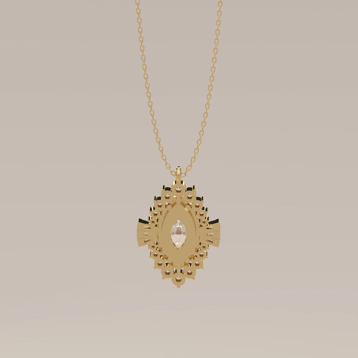 Marquise Lab Grown Diamond Art Deco Halo Pendant with Baguette Wings in yellow gold, photographed head-on.