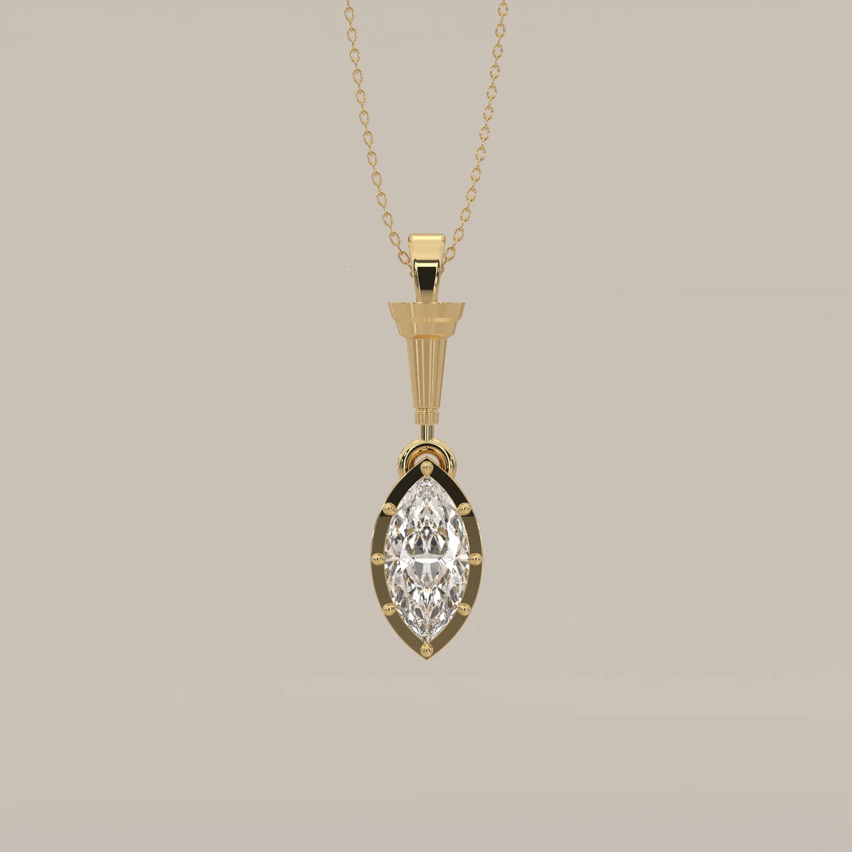Marquise Lab Grown Diamond Deco Drop Pendant with Column Bail in yellow gold, shown from the front.