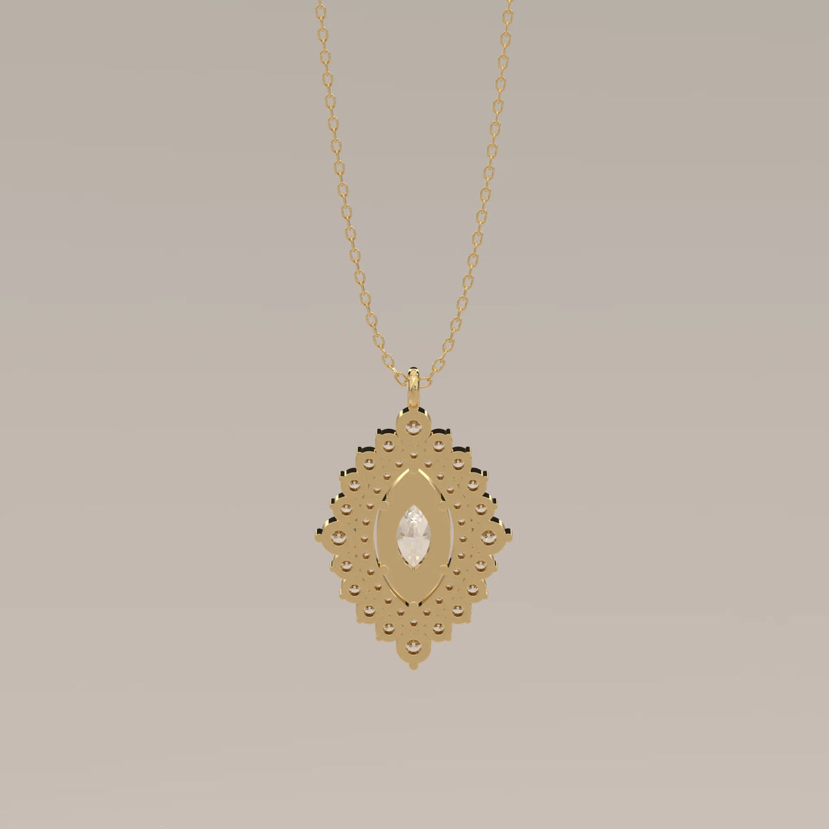 Marquise Lab Grown Diamond Double Halo Pendant in yellow gold, photographed head-on.