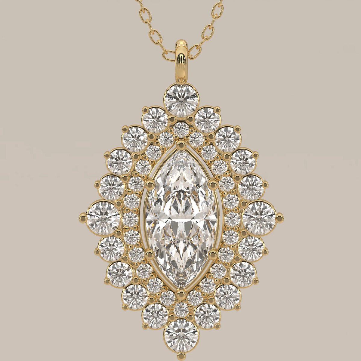 Marquise Lab Grown Diamond Double Halo Pendant in yellow gold, front view on a plain background.