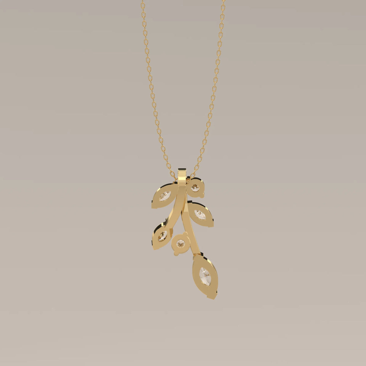 Marquise Lab Grown Diamond Leaf Sprig Pendant with Round Buds in yellow gold, front view on a plain background.