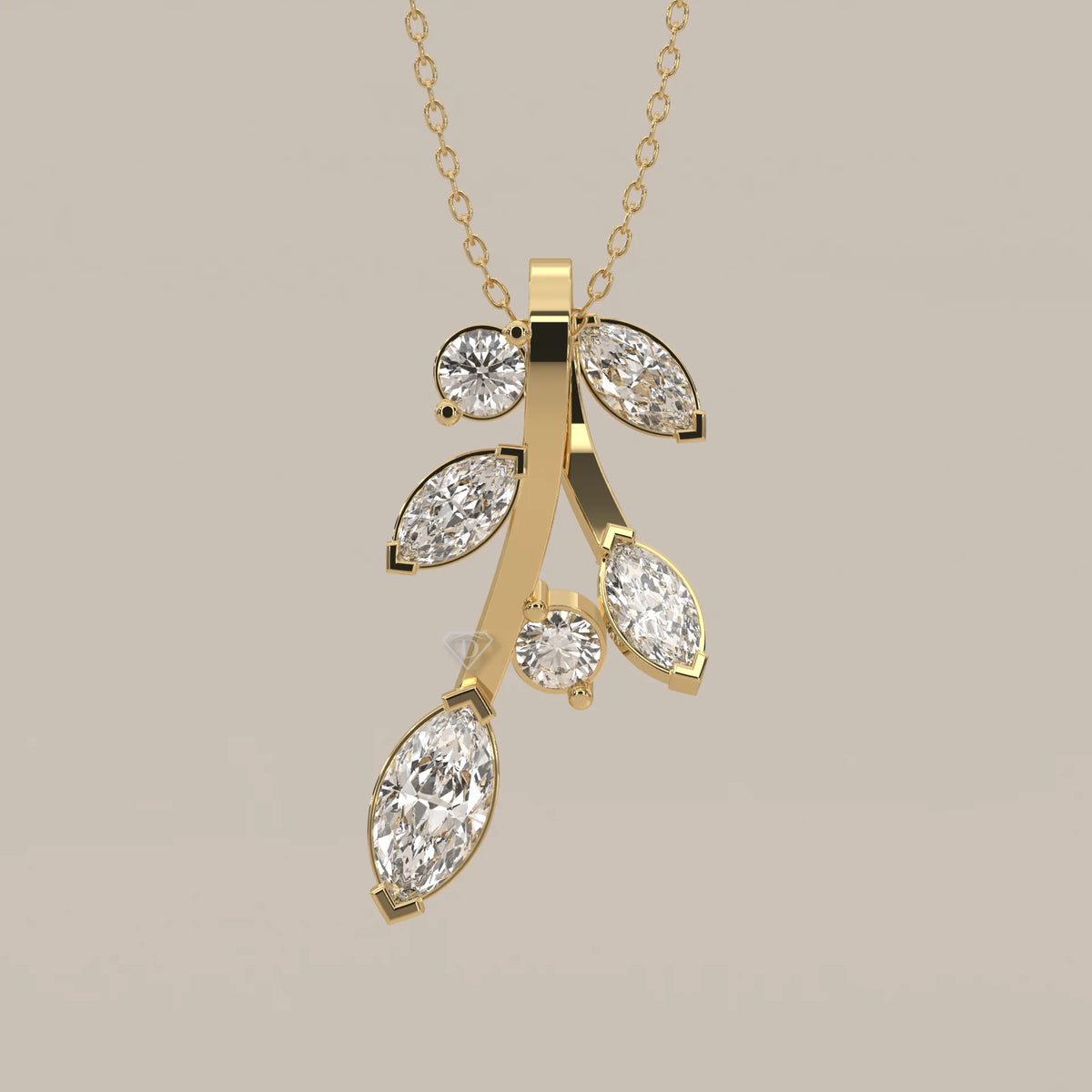 Marquise Lab Grown Diamond Leaf Sprig Pendant with Round Buds in yellow gold, shown on a plain background.