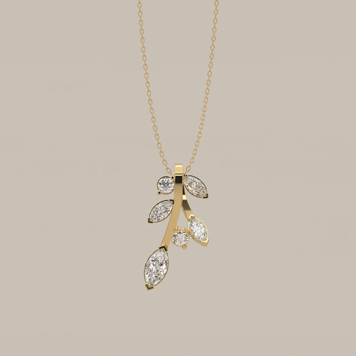 Marquise Lab Grown Diamond Leaf Sprig Pendant with Round Buds in yellow gold, shown from the front.