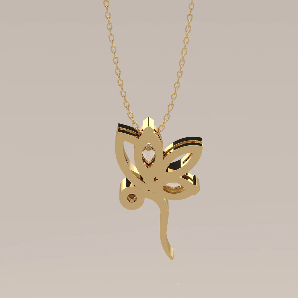 Marquise Lab Grown Diamond Lotus Flower Pendant with Curved Stem in yellow gold, front view on a plain background.
