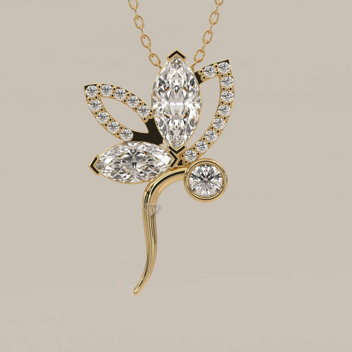 Marquise Lab Grown Diamond Lotus Flower Pendant with Curved Stem in yellow gold, shown on a plain background.