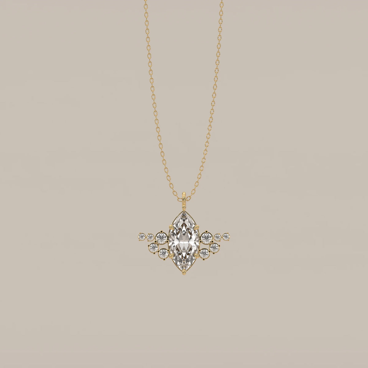 Marquise Lab Grown Diamond Pendant with Round Diamond Wings in yellow gold, shown from the front.