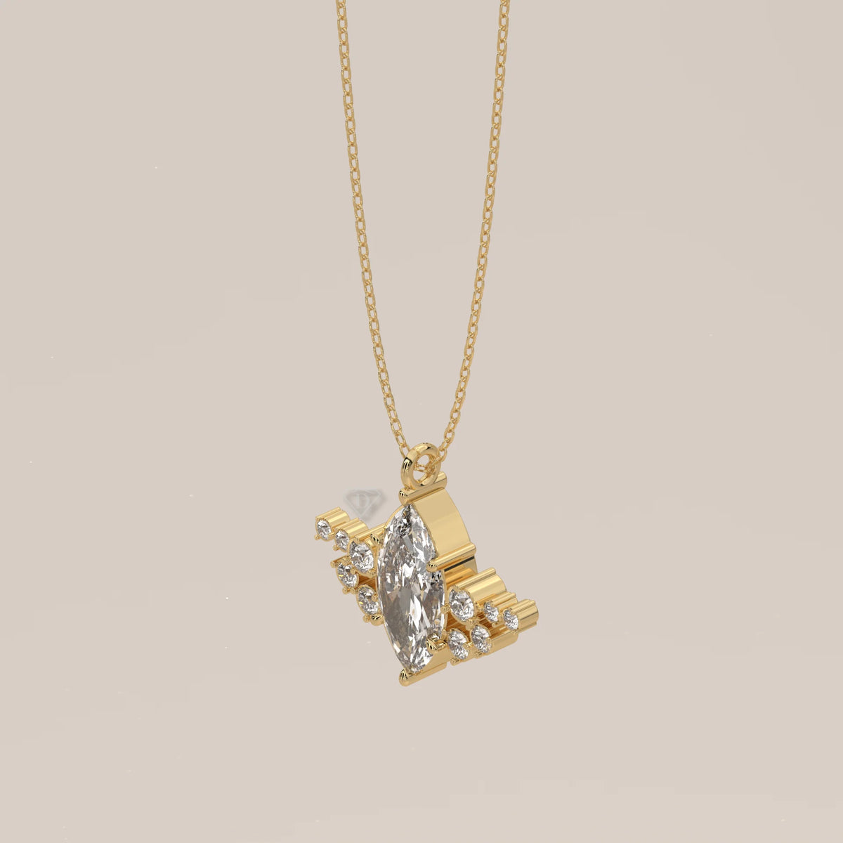 Marquise Lab Grown Diamond Pendant with Round Diamond Wings in yellow gold, shown from the side.