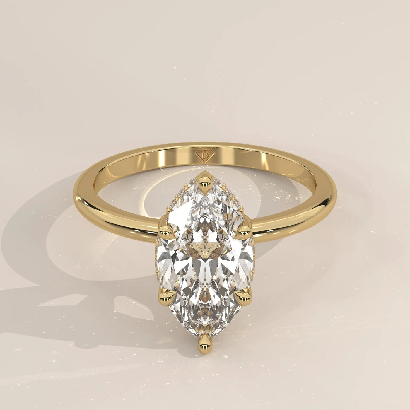 Front View: Marquise Diamond Ring with Hidden Halo Setting in Yellow Gold – Lab Grown – Driona Jewels