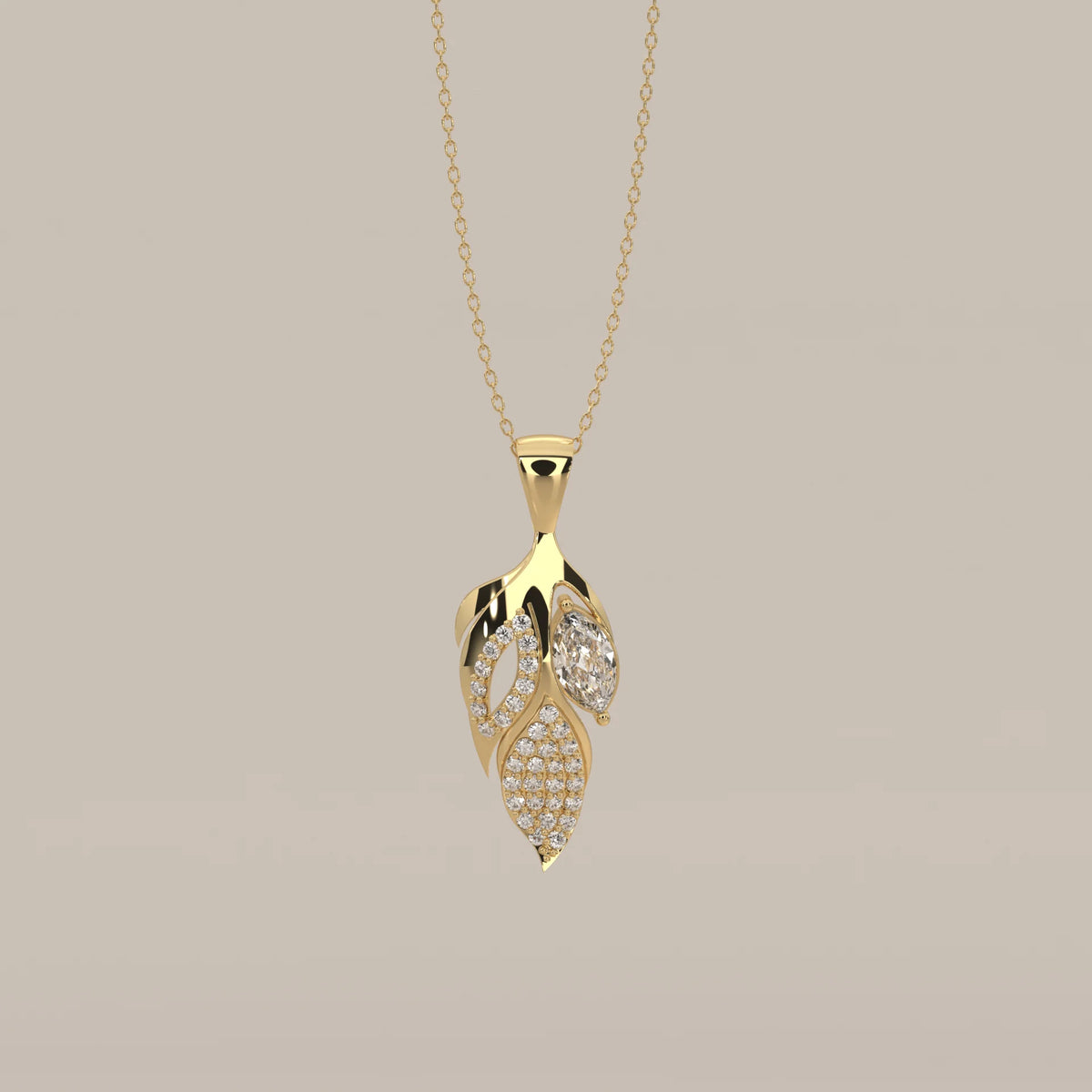 Marquise Lab Grown Diamond Sculpted Leaf Pendant with Pave Petal in yellow gold, shown from the front.
