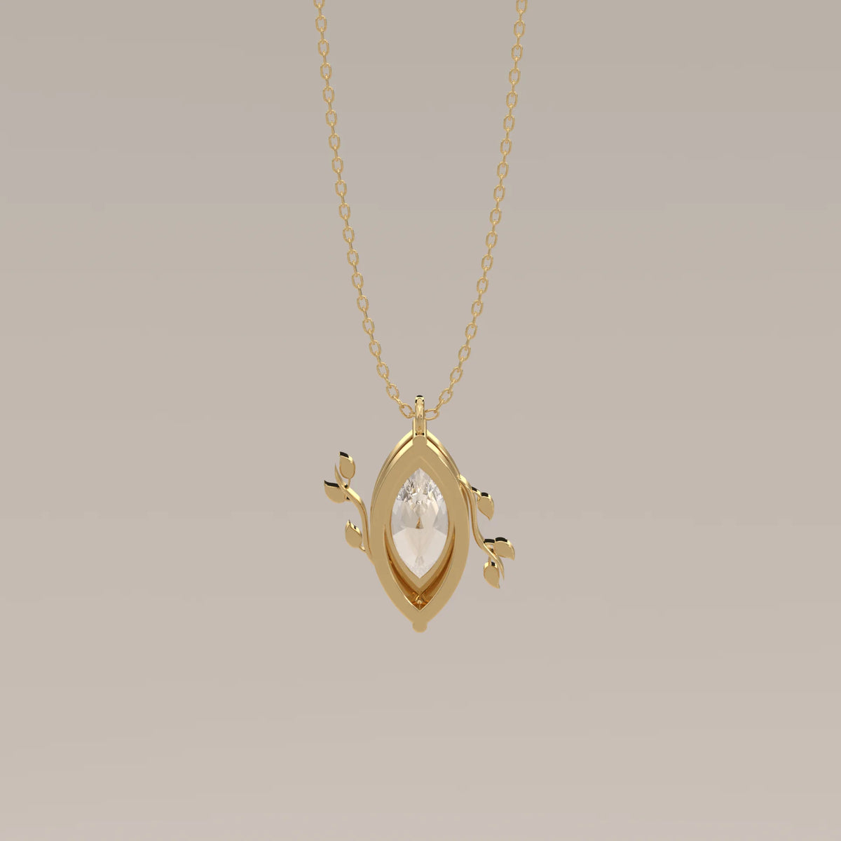 Marquise Lab Grown Diamond Solitaire Pendant with Twin Leaf Vines in yellow gold, photographed head-on.