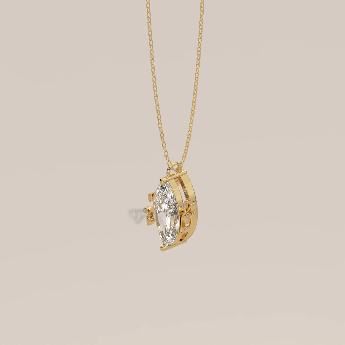Marquise Lab Grown Diamond Solitaire Pendant with Twin Leaf Vines in yellow gold, shown from the side.