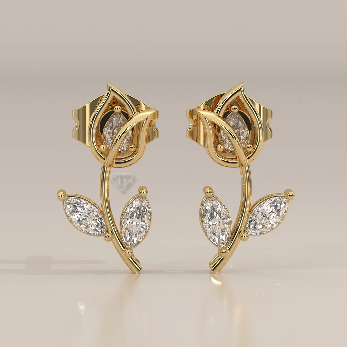 Front View: Marquise Diamond Ear Climber Earrings with Prong Setting in Yellow Gold – Lab Grown – Driona Jewels