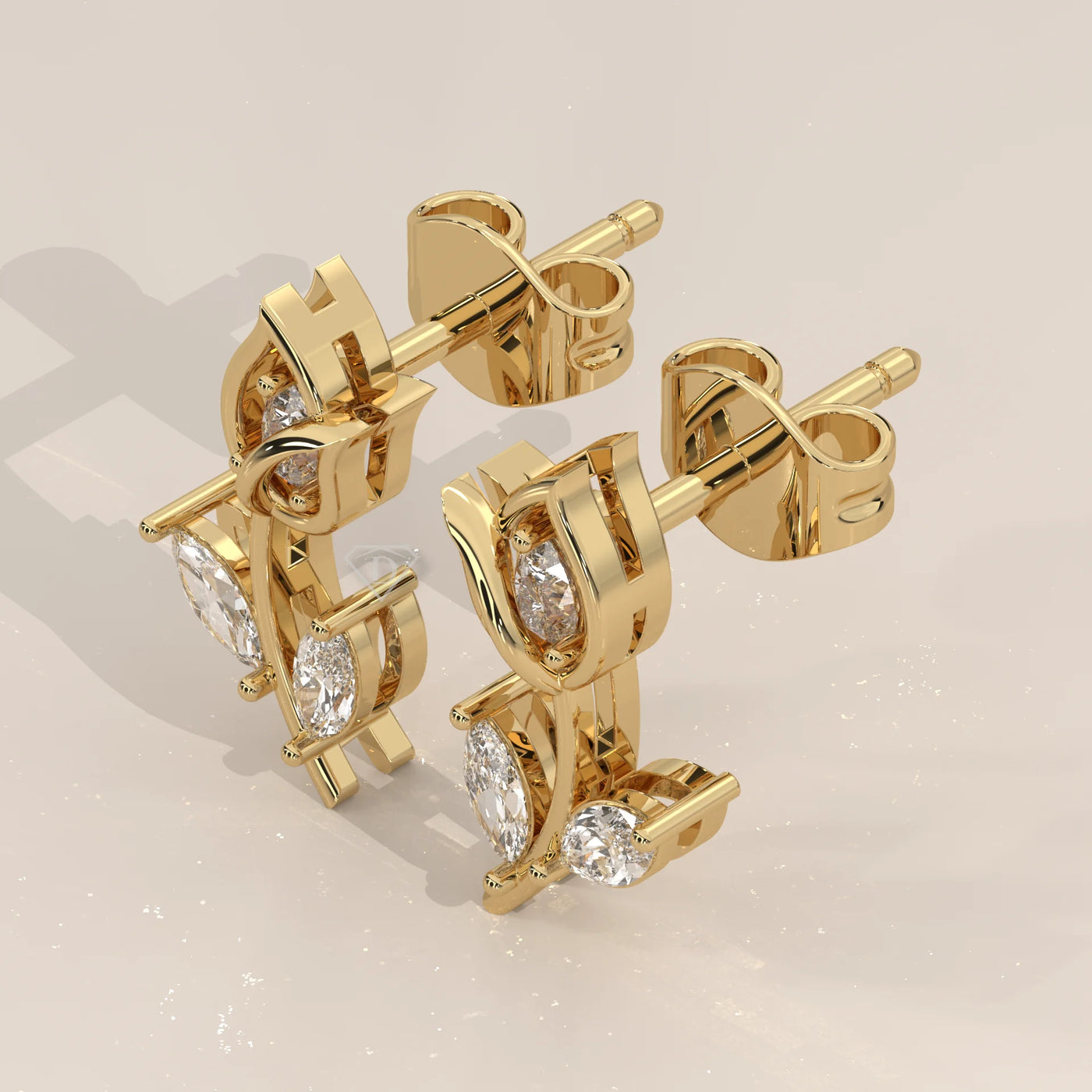 Three-Quarter View: Marquise Diamond Ear Climber Earrings with Prong Setting in Yellow Gold – Lab Grown – Driona Jewels