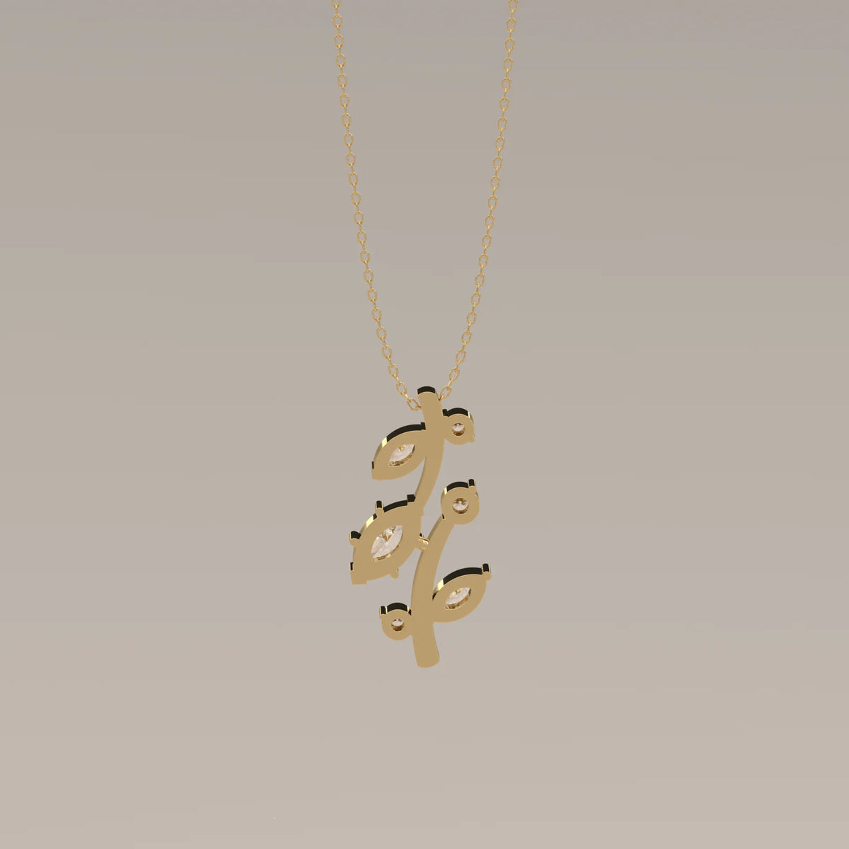 Marquise Leaf Lab Grown Diamond Vine Pendant with Bezel Rounds in yellow gold, photographed head-on.