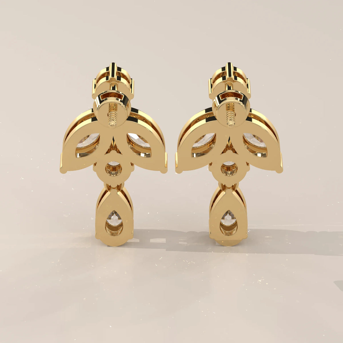 Marquise Leaf and Pear Lab Grown Diamond Drop Earrings in yellow gold, shown on a plain background.