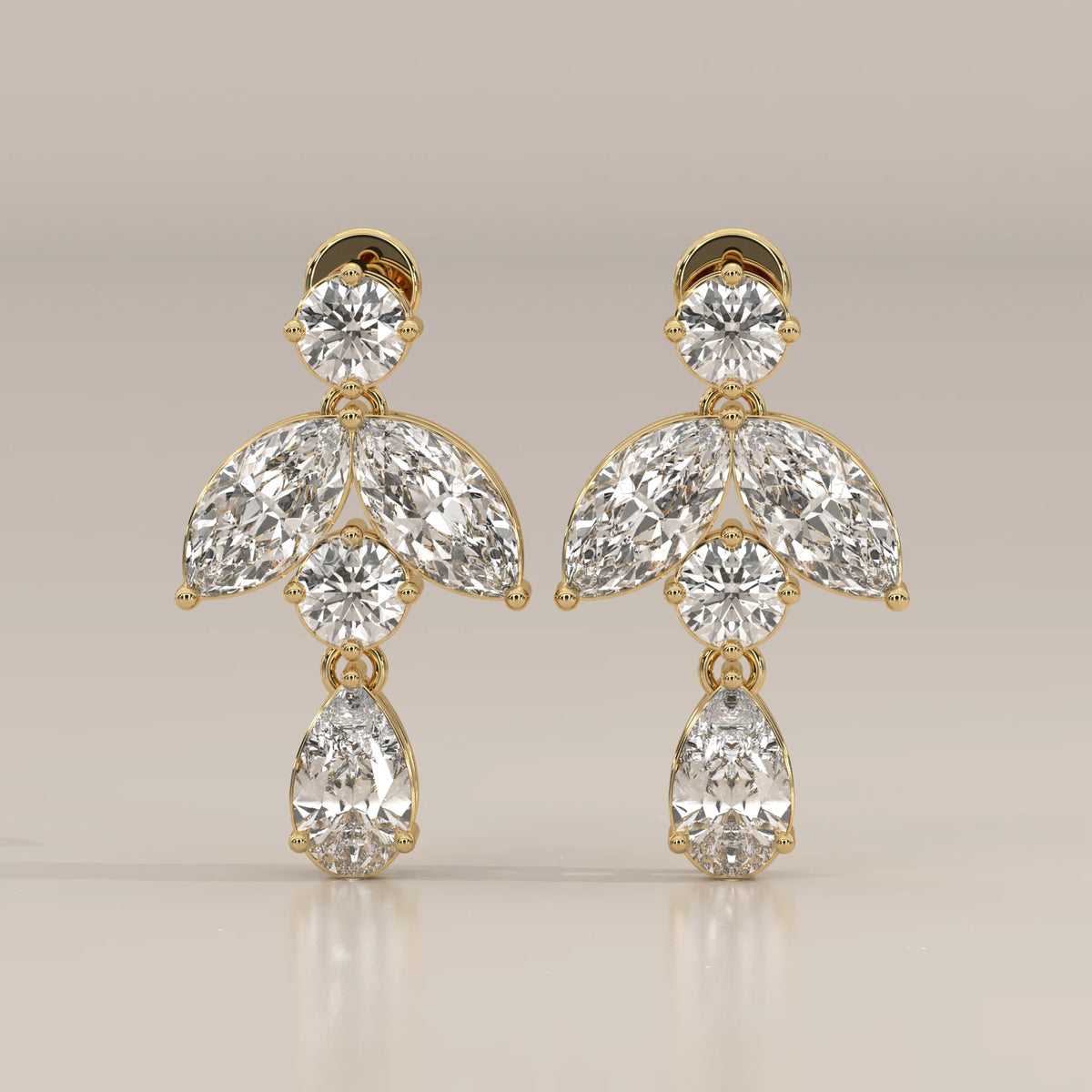 Marquise Leaf and Pear Lab Grown Diamond Drop Earrings in yellow gold, shown from the front.