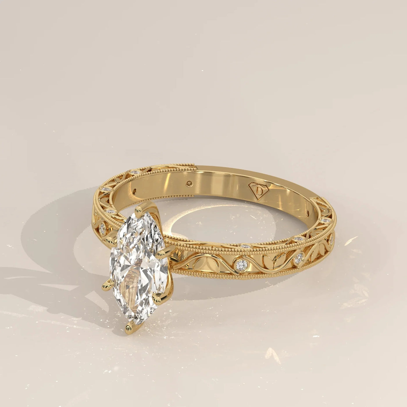 Side Profile: Marquise Diamond Ring with Openwork Setting in Yellow Gold – Lab Grown – Driona Jewels