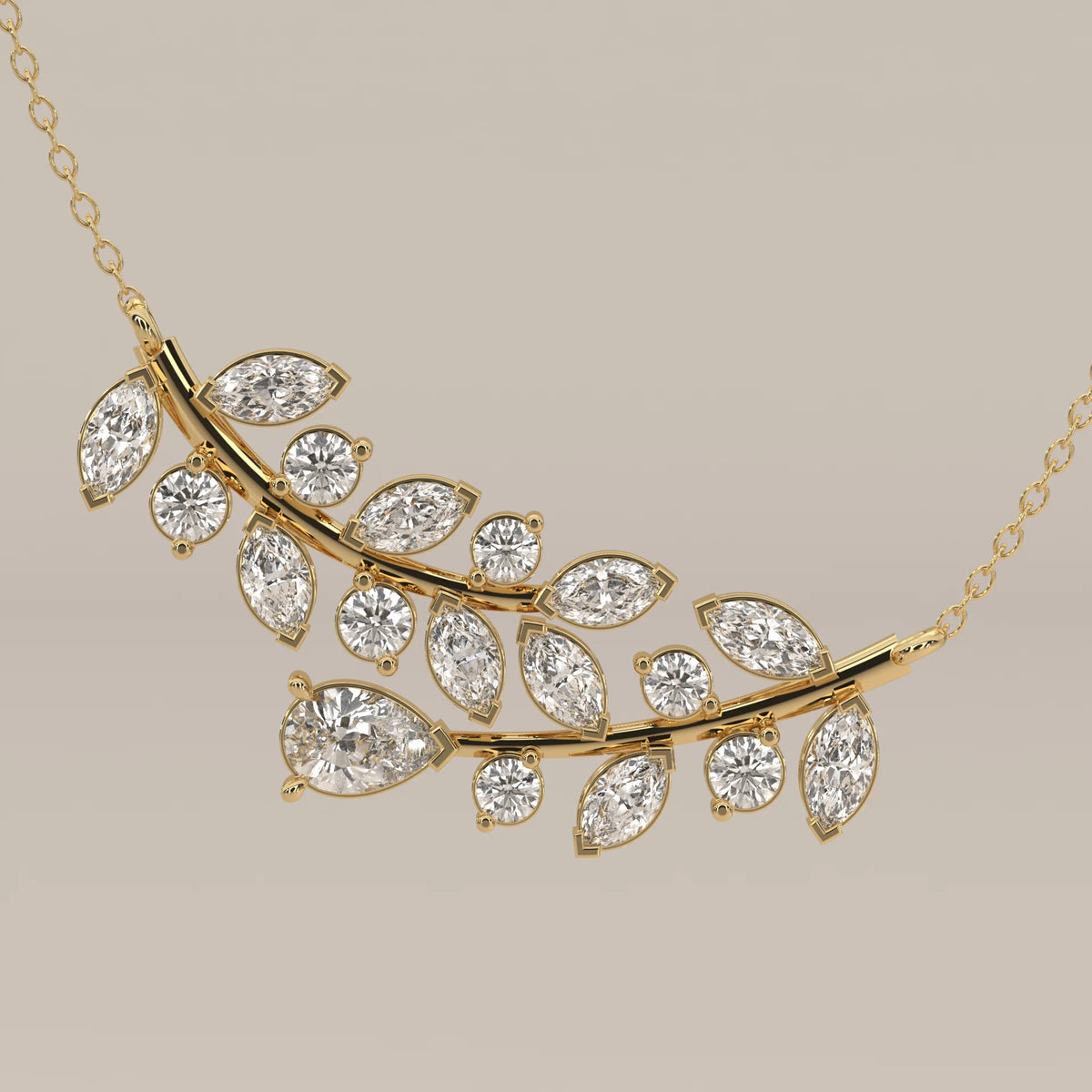 Marquise and Round Lab Grown Diamond Laurel Garland Bar Pendant in yellow gold, photographed at a three-quarter angle.