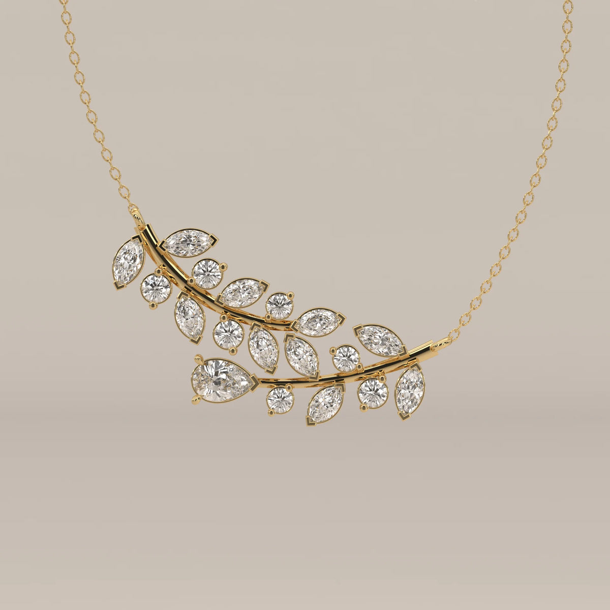 Marquise and Round Lab Grown Diamond Laurel Garland Bar Pendant in yellow gold, shown from the front.