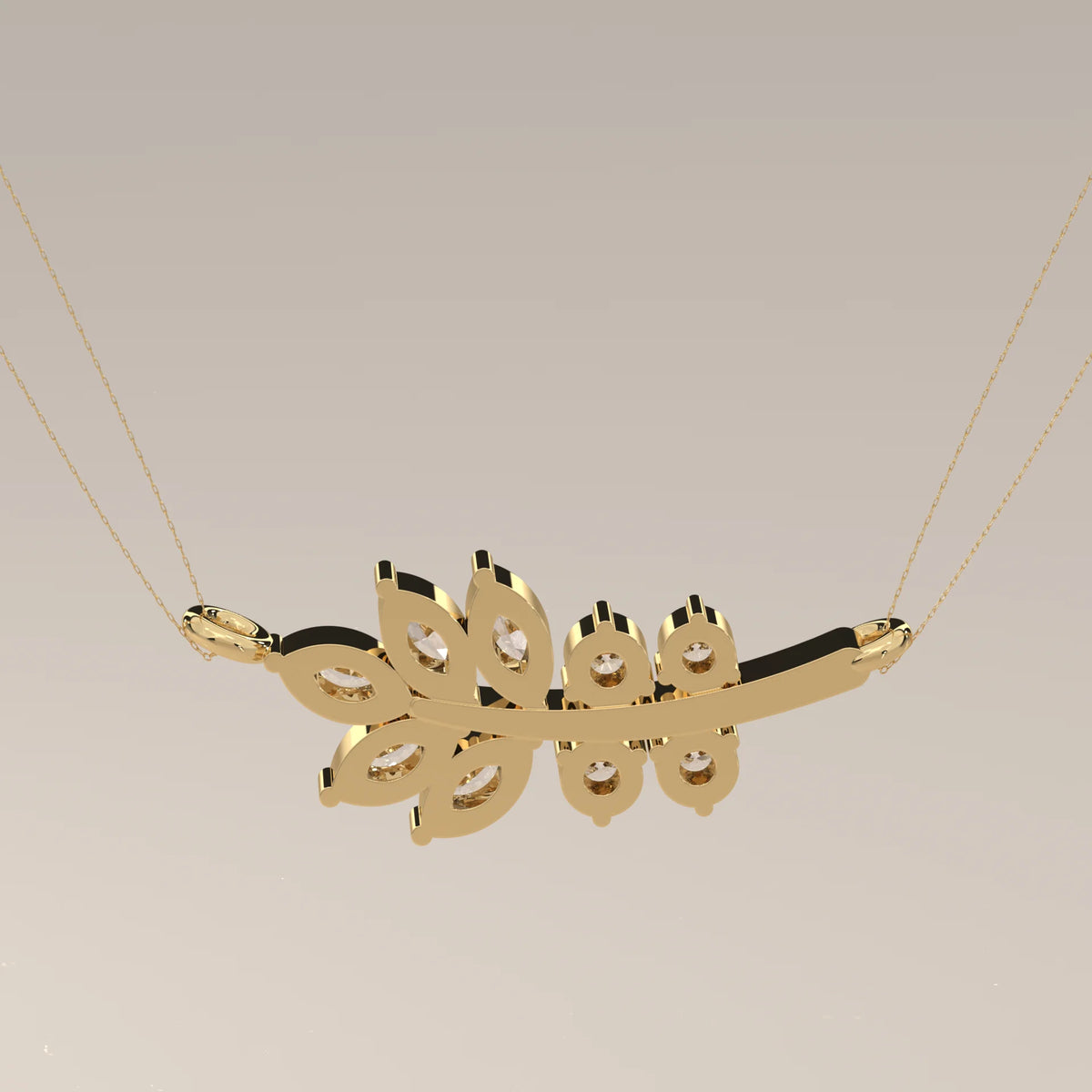 Marquise and Round Lab Grown Diamond Leaf Branch Bar Pendant in yellow gold, product photograph on a plain background.