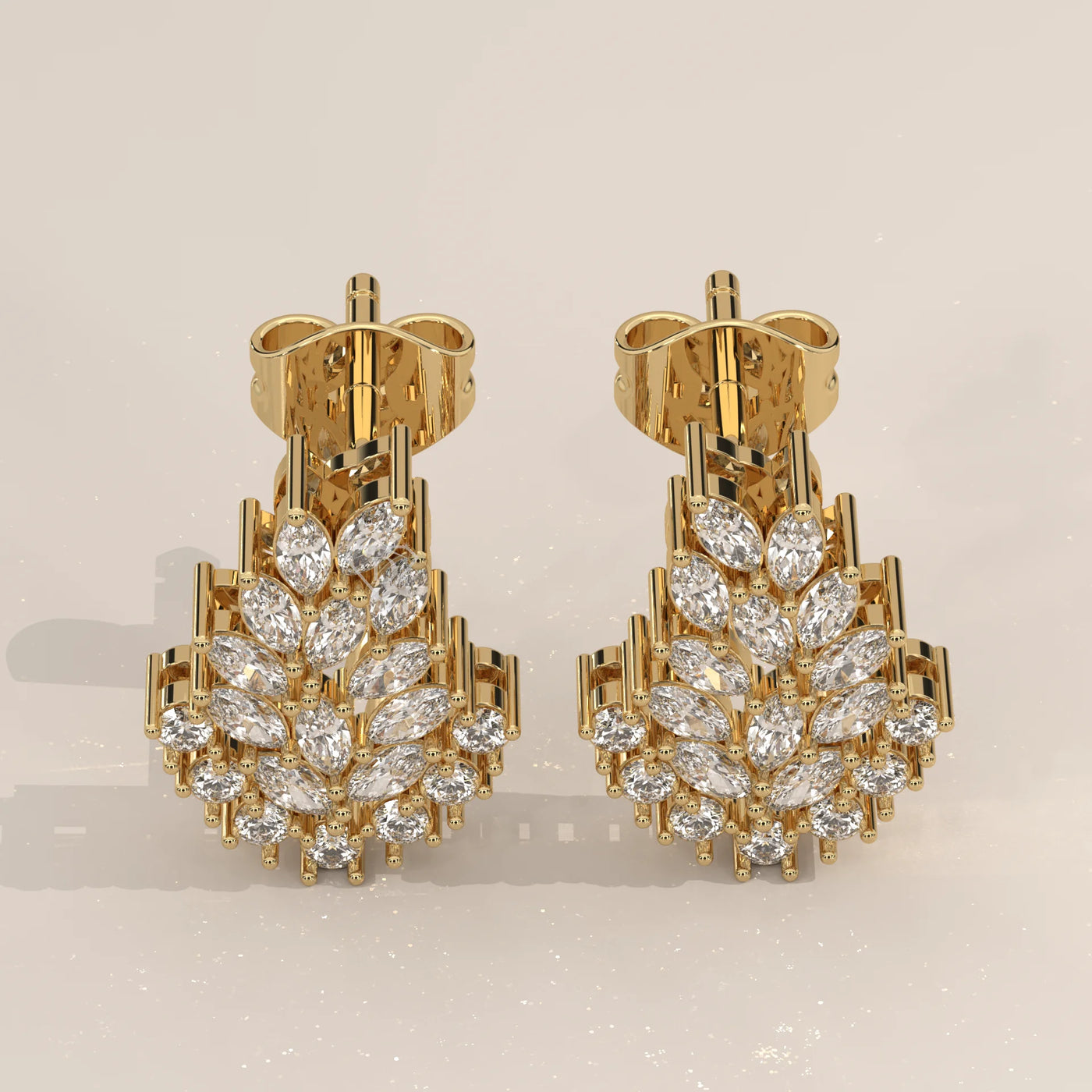 Pair Front View: Marquise Diamond Stud Earrings with Cluster Setting in Yellow Gold – Lab Grown – Driona Jewels