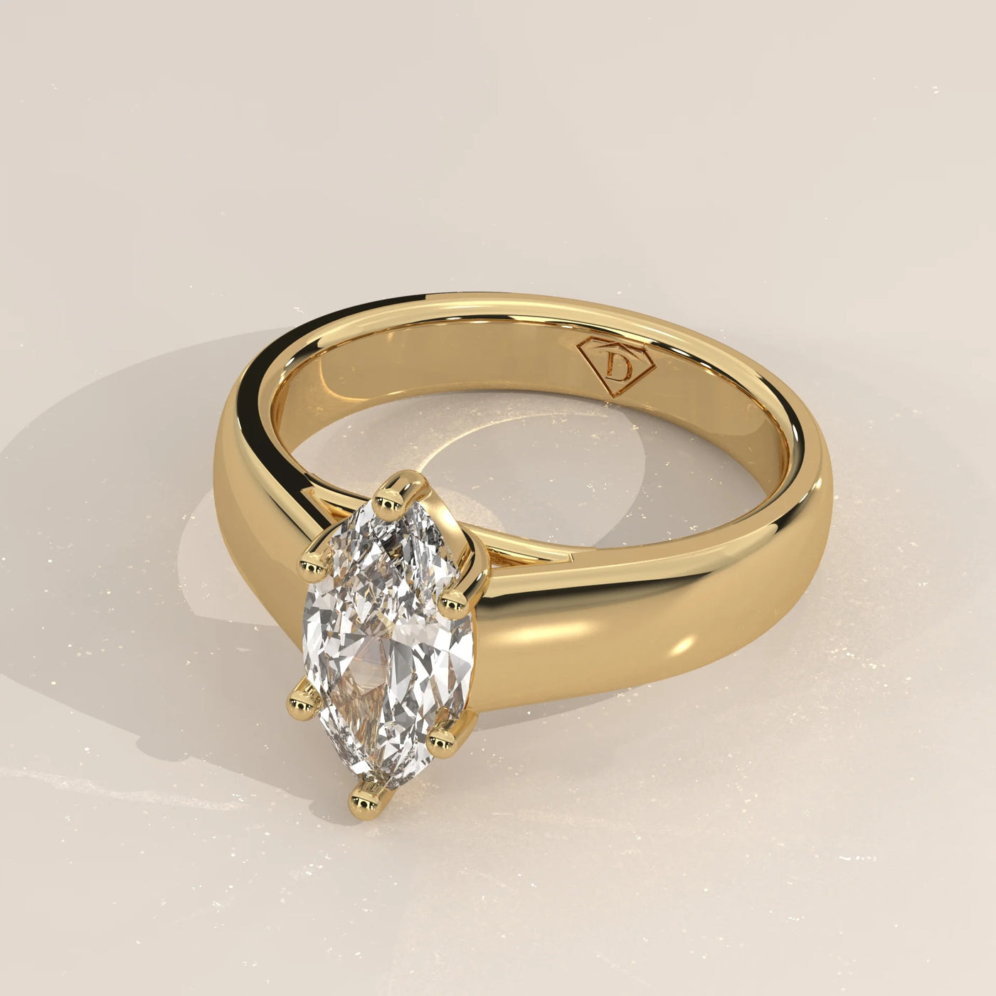 Angle View: Marquise Diamond Engagement Ring with Solitaire Setting in Yellow Gold – Lab Grown – Driona Jewels